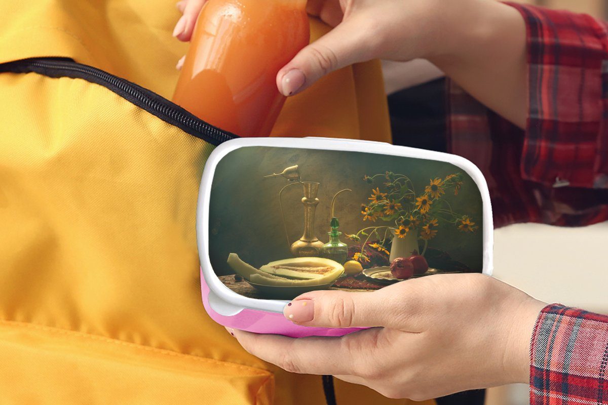 Kunststoff - Obst Sonnenblume Kunststoff, für MuchoWow - - Mädchen, Stilleben - Erwachsene, Malerei Blitz, (2-tlg), Snackbox, Kinder, -Kunst Brotdose Lunchbox rosa Brotbox