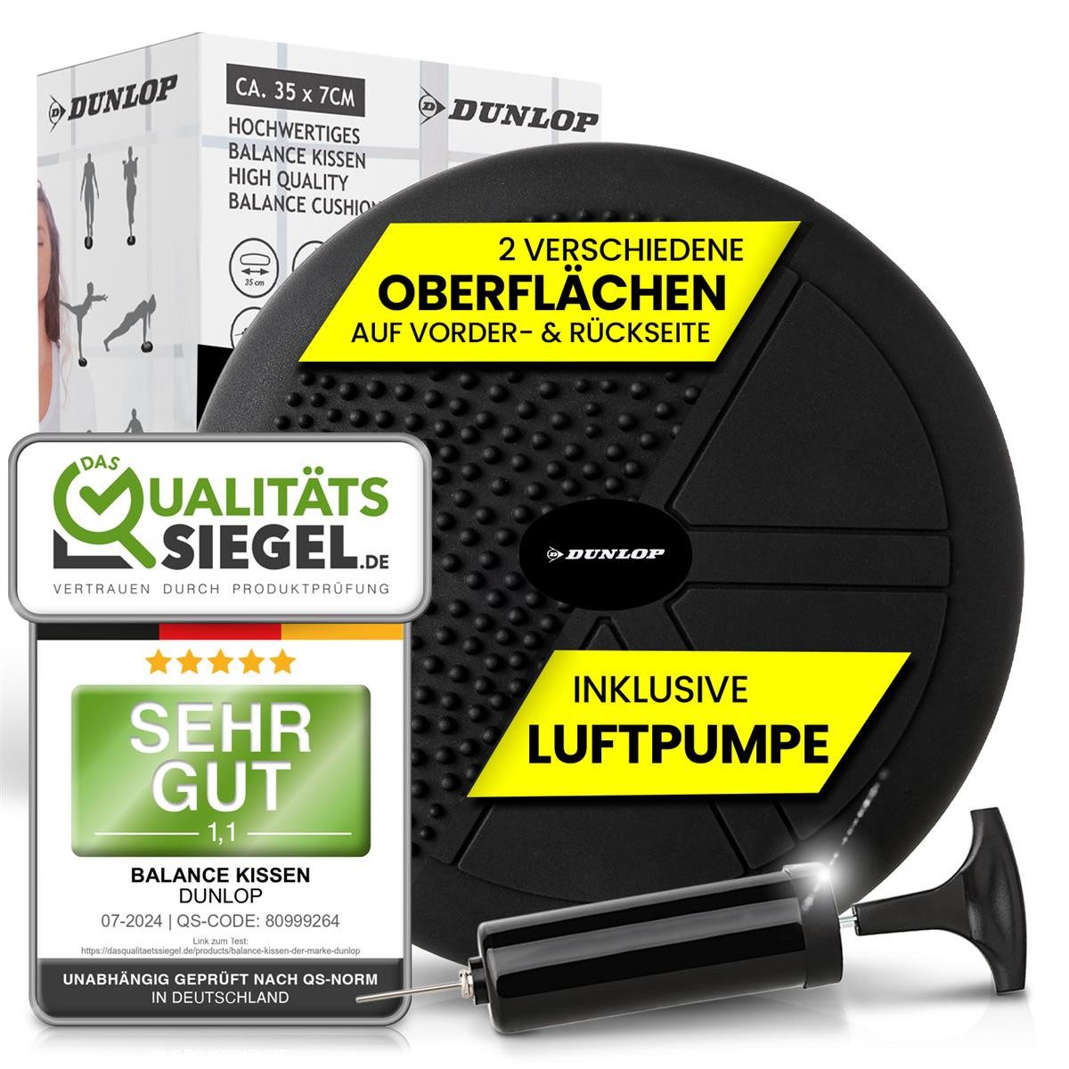 Dunlop Balancekissen Balance Kissen Ball Sitzkissen mit Luftpumpe, orthopädisch über 450 kg belastbar