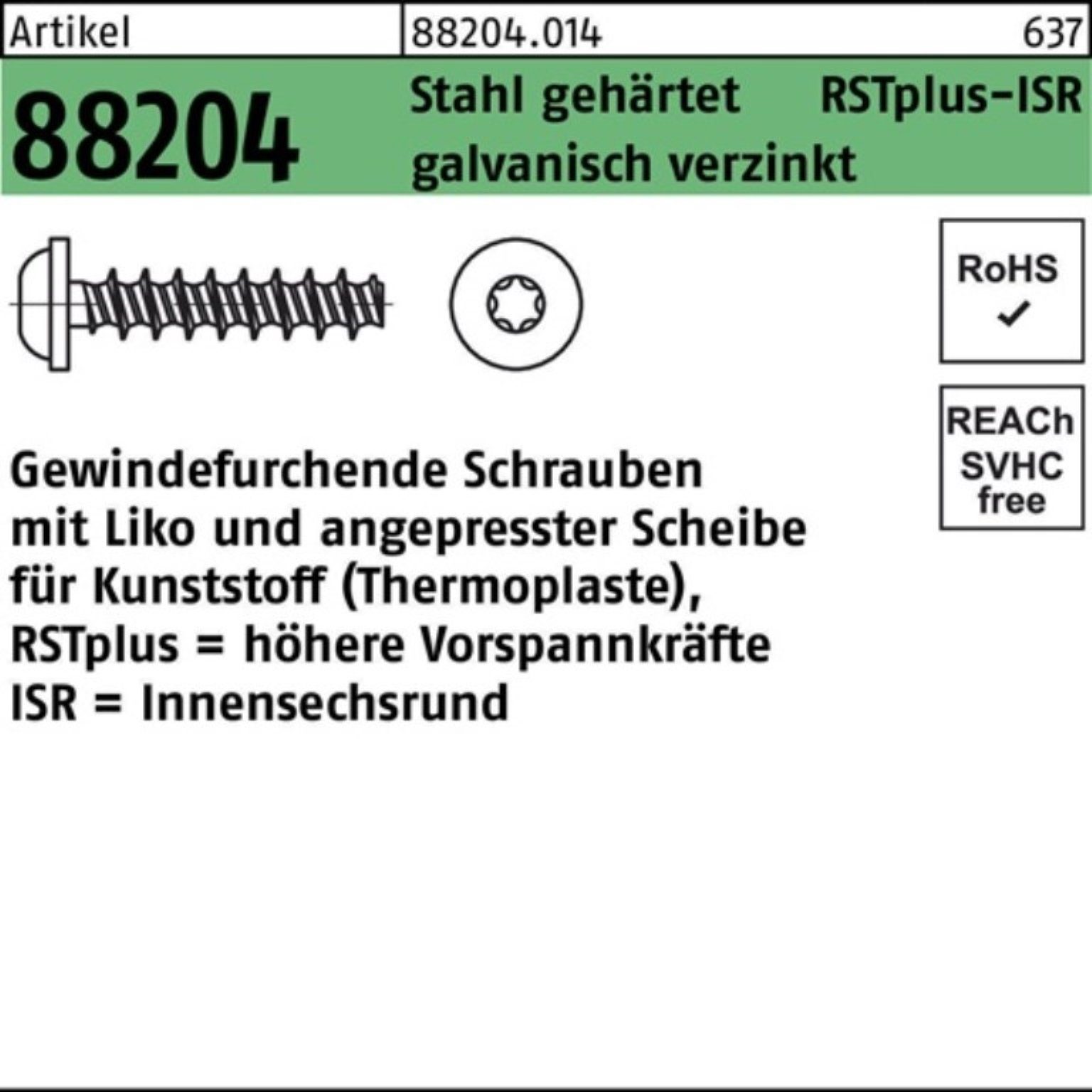 Reyher Gewindeschraube 1000er Pack Gewindefurchendeschraube R 88204 Liko ISR 2,2x8-T6 Stahl g