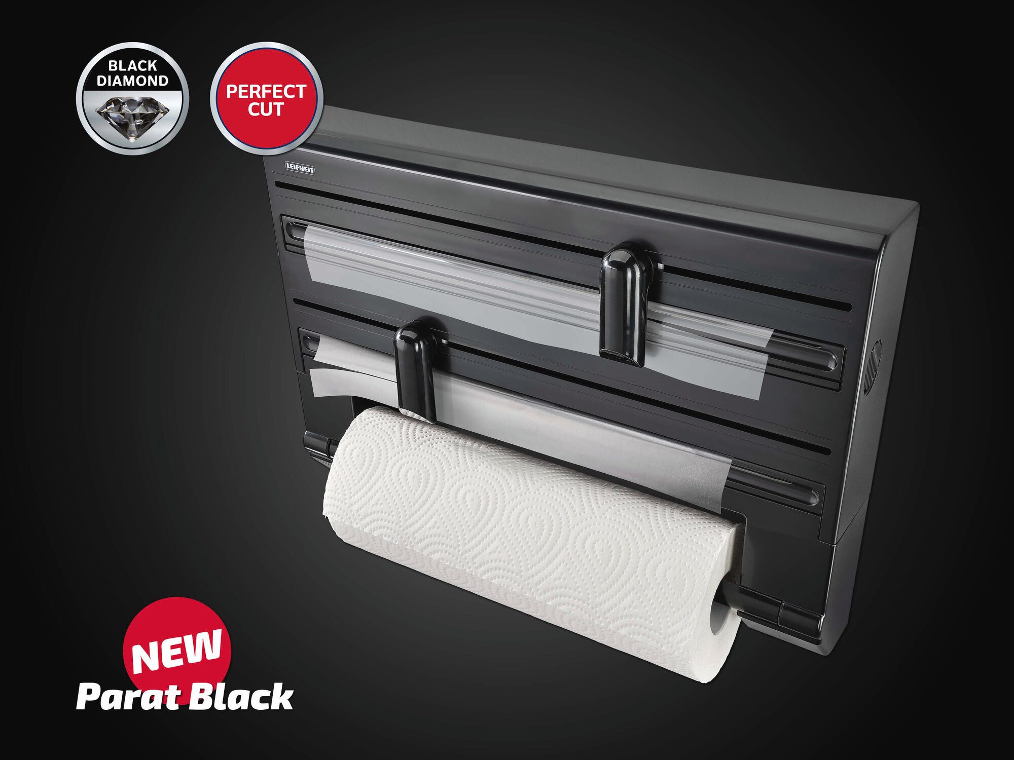 Leifheit Küchenrollenhalter Wandrollenhalter Parat Black, Für 3 Rollen, messerscharfe Klingen, modernes Design