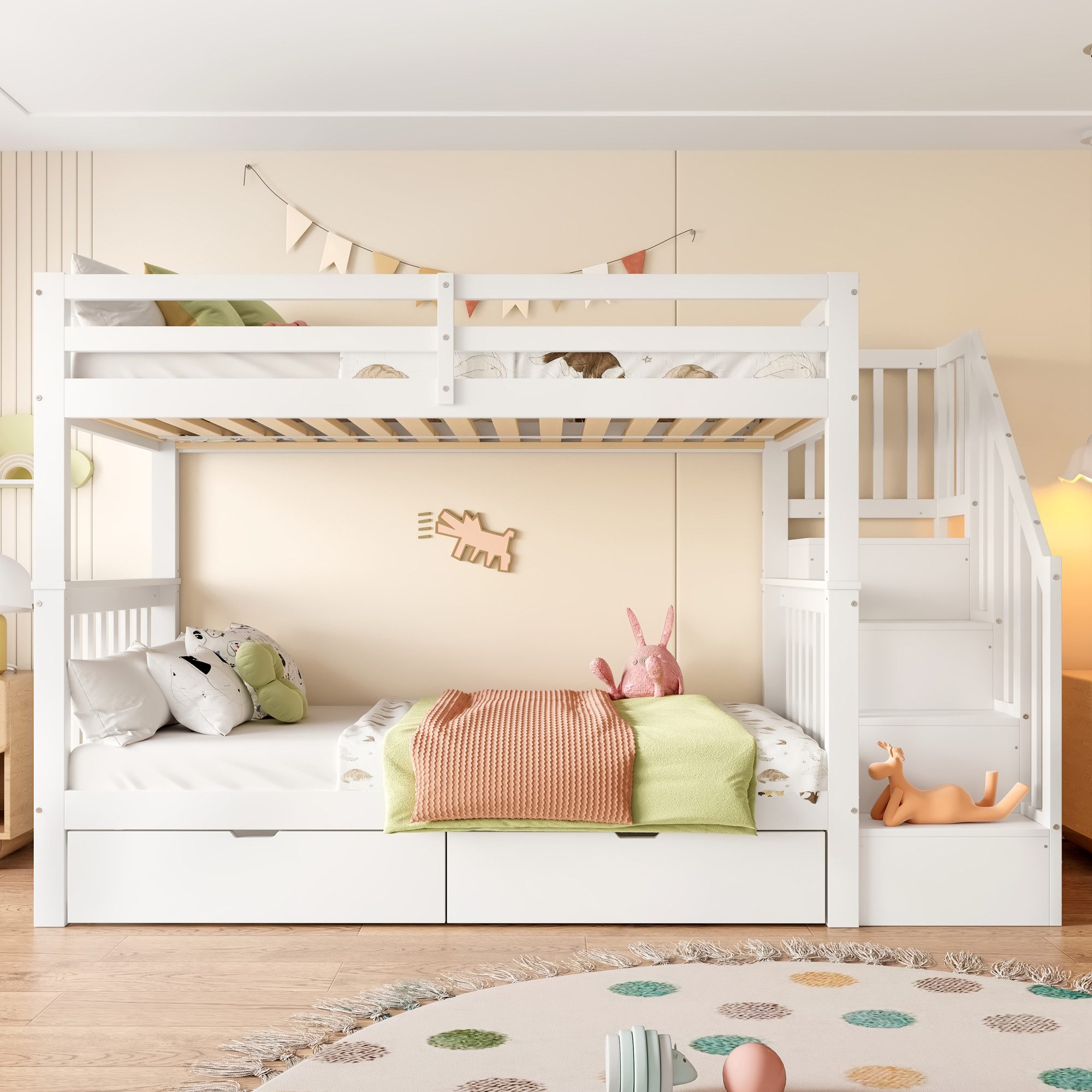 Flieks Etagenbett, Kinderbett Hochbett 90x200cm mit Stauraumtreppe und 2 Sc günstig online kaufen