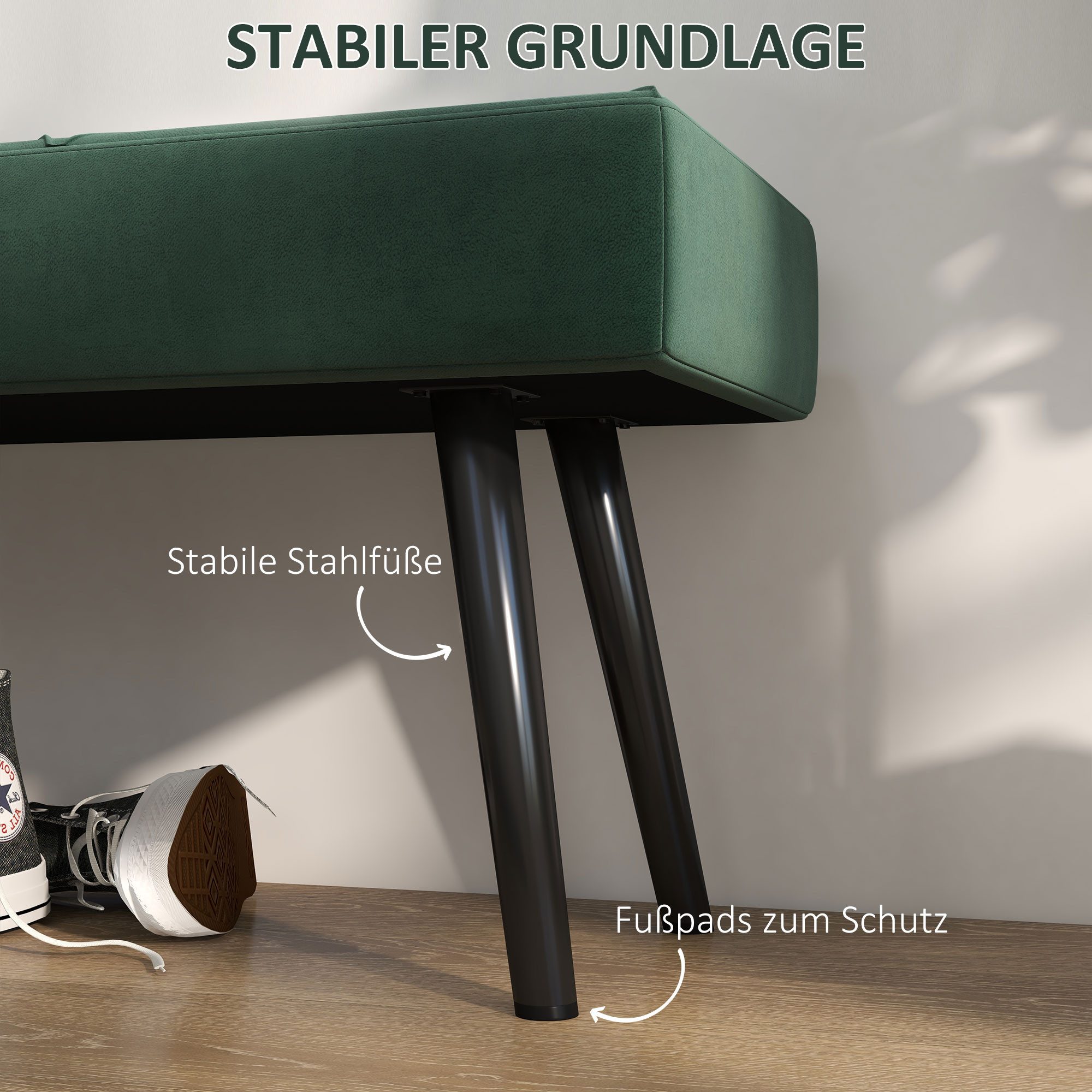 HOMCOM Polsterbank Sitzbank in Samtoptik, Stahlbeine, Schuhbank für Wohnzimmer, Flur (Flurbank, 1-St., Bettbank), für Schlafzimmer, 100 x 36 x 45 cm, Grün – Bild 5 von 5