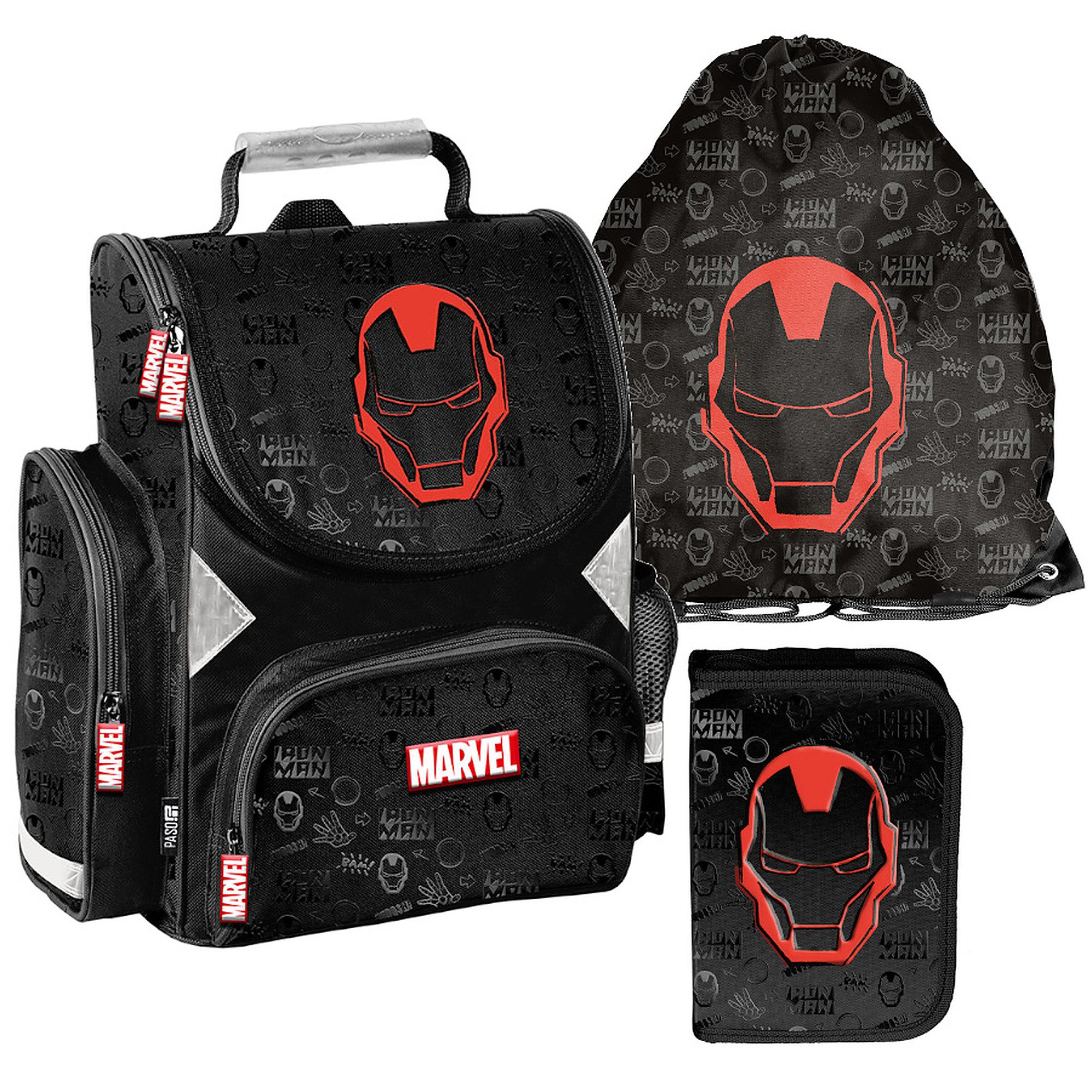 PASO Schulrucksack Mega-Set Marvel Iron Man (Schulset, 3-tlg), Schulranzen + Turnbeutel + Federmäppchen Jungen schwarz/rot