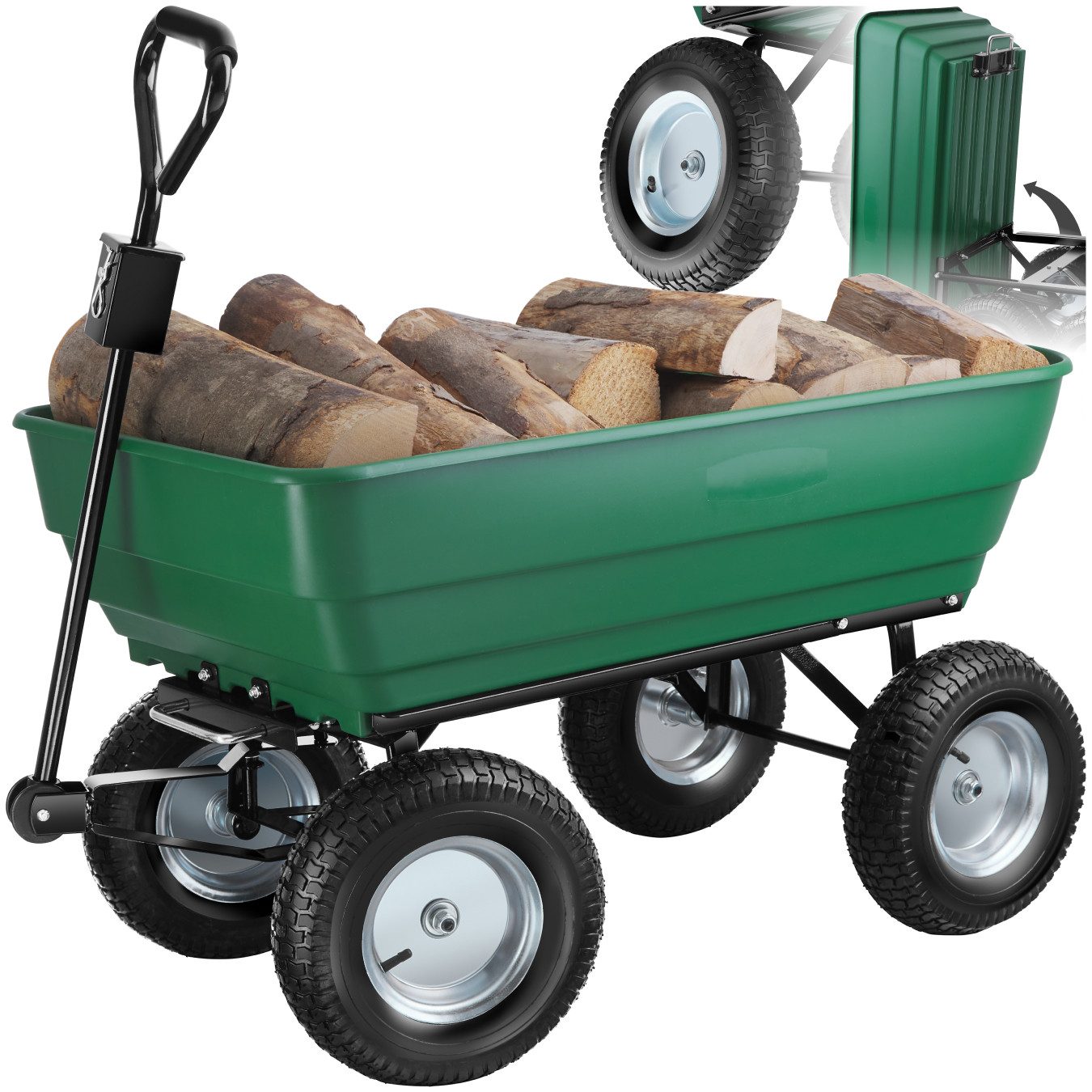 tectake Bollerwagen Handwagen Tummi mit luftgefüllten Reifen Belastbarkeit 300kg (1 Transportwagen, 1-tlg., 125L Volumen in Grün), mit Kippfunktion, leichtgängige Lenkachse, gepolsterter Griff