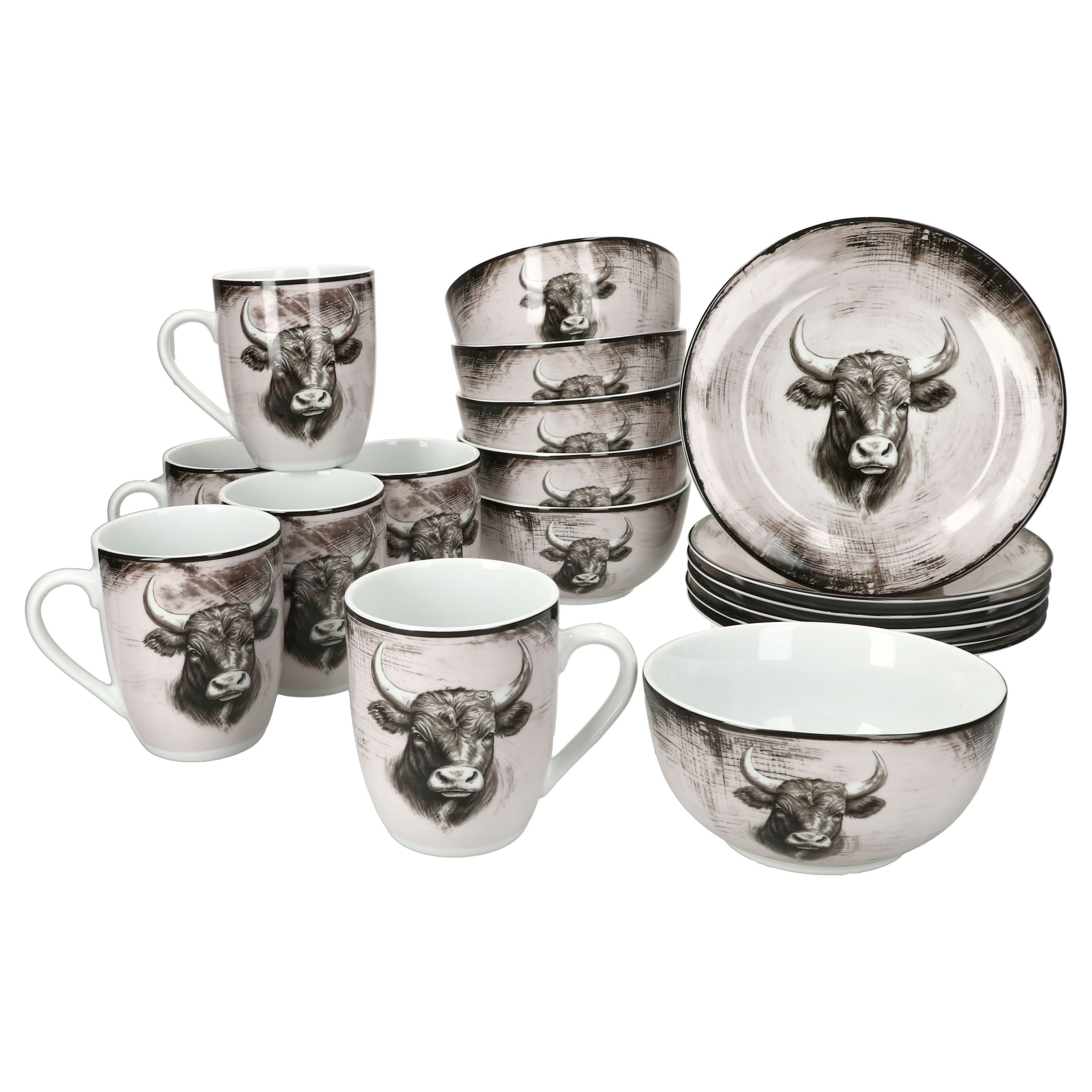 MamboCat Frühstücks-Geschirrset Toro 18tlg Frühstücksset Porzellan Kuhmotiv mit Müslischalen, Porzellan