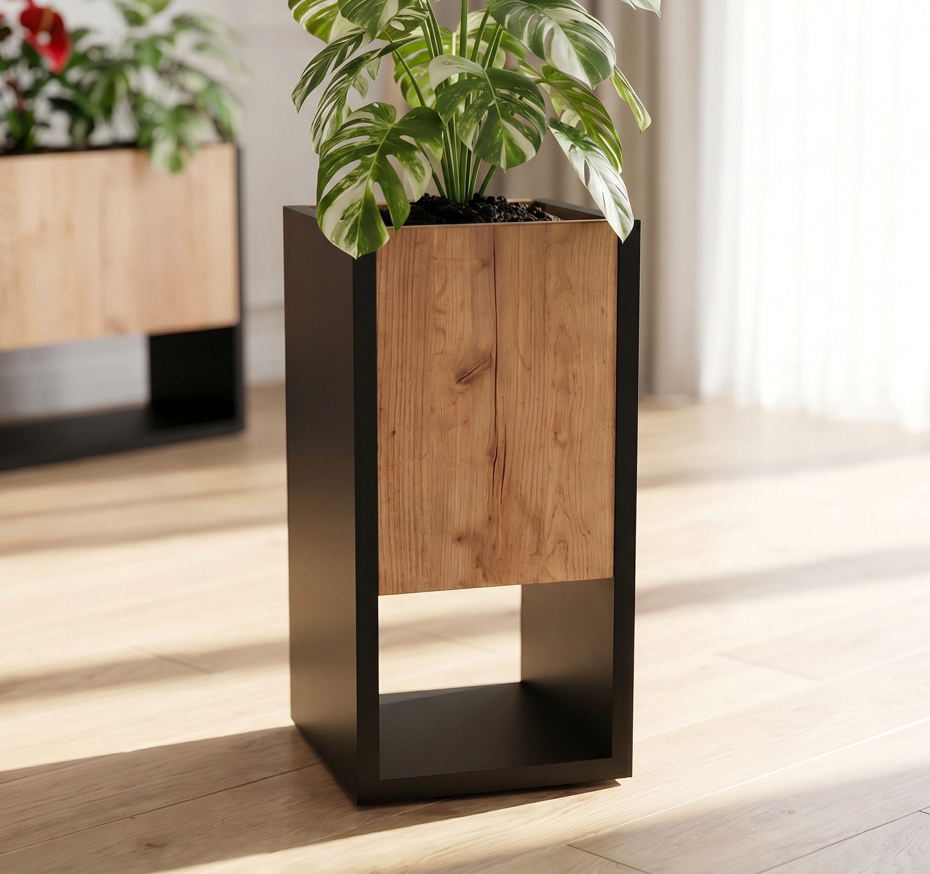 TREND WERK Blumenständer Blumentopf Pflanzenregal Pflanzenständer Holzoptik Wohnzimmer (Einzelner Pflanzenständer Loft-Design 22,6x45x22,6 cm), 18mm Spanplatte  – Bild 3 von 5