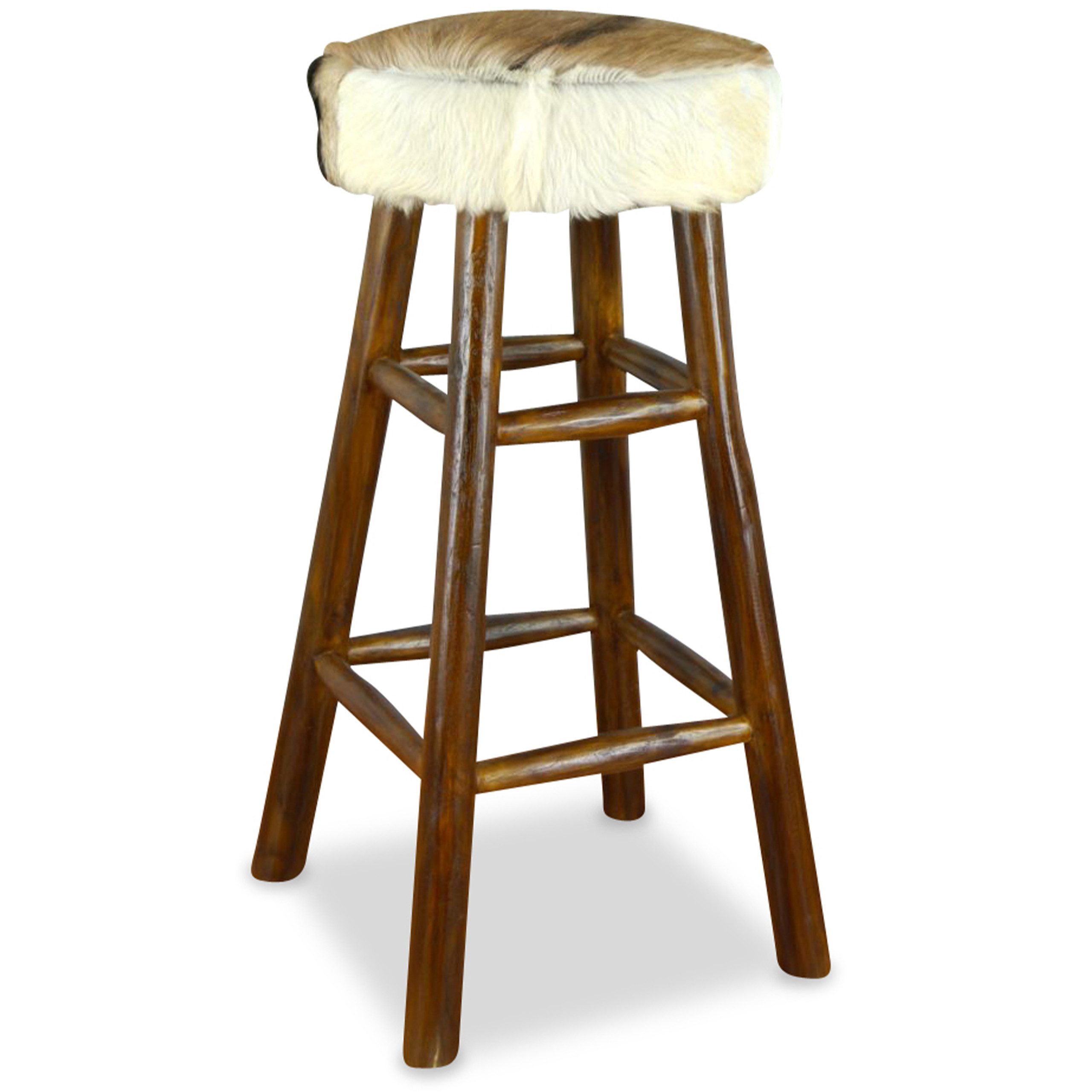 livasia Barhocker Ziegenfell - Ø 35cm x 78cm - Sitz aus Leder und Massivholz aus Java, handgefertigt