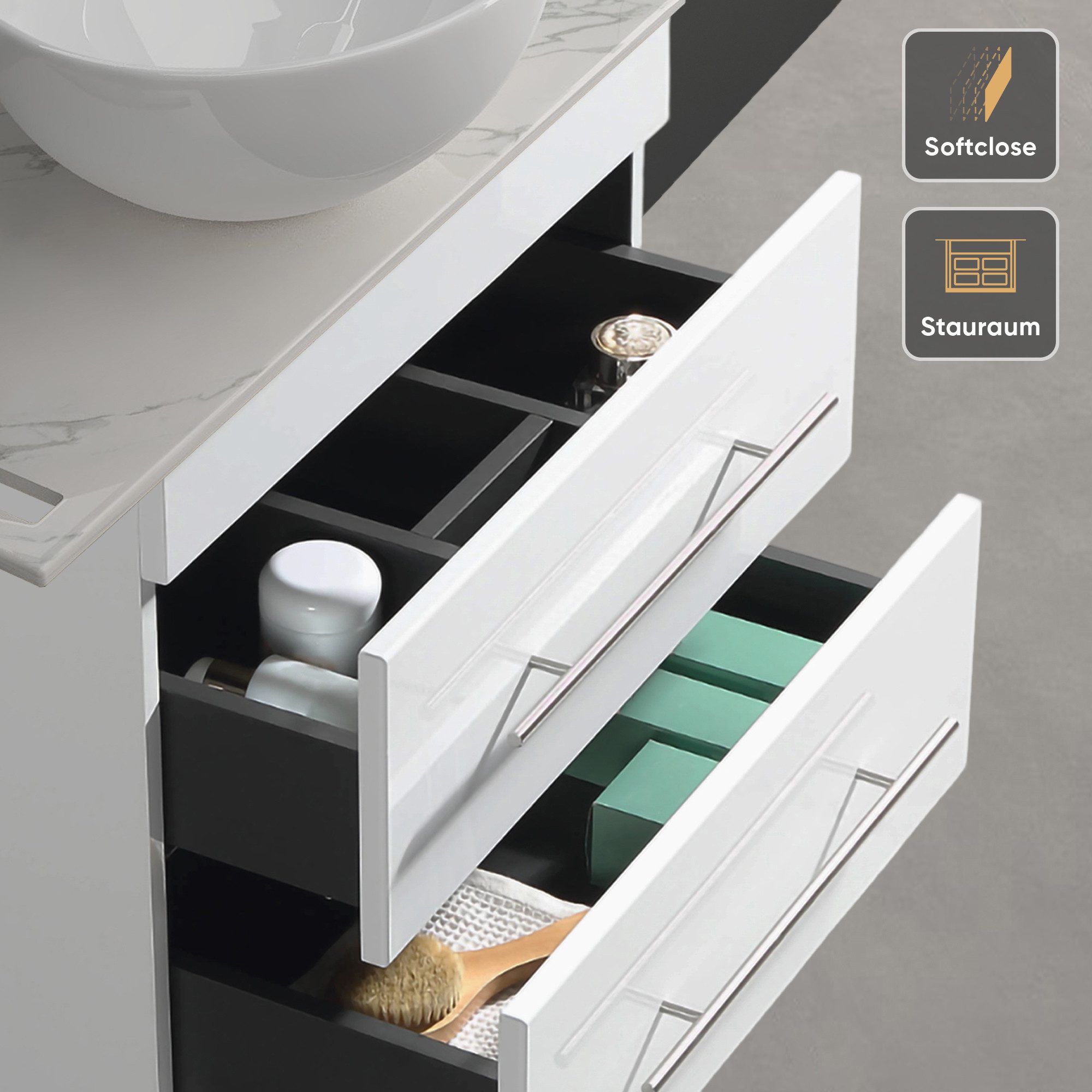 Alpenberger Badmöbel-Set Gäste WC Waschbecken mit Unterschrank – hängender Waschtisch 60 cm, (Waschtischunterschrank mit Schubladen, Bad Möbel Set mit Waschbeck – Bild 5 von 5