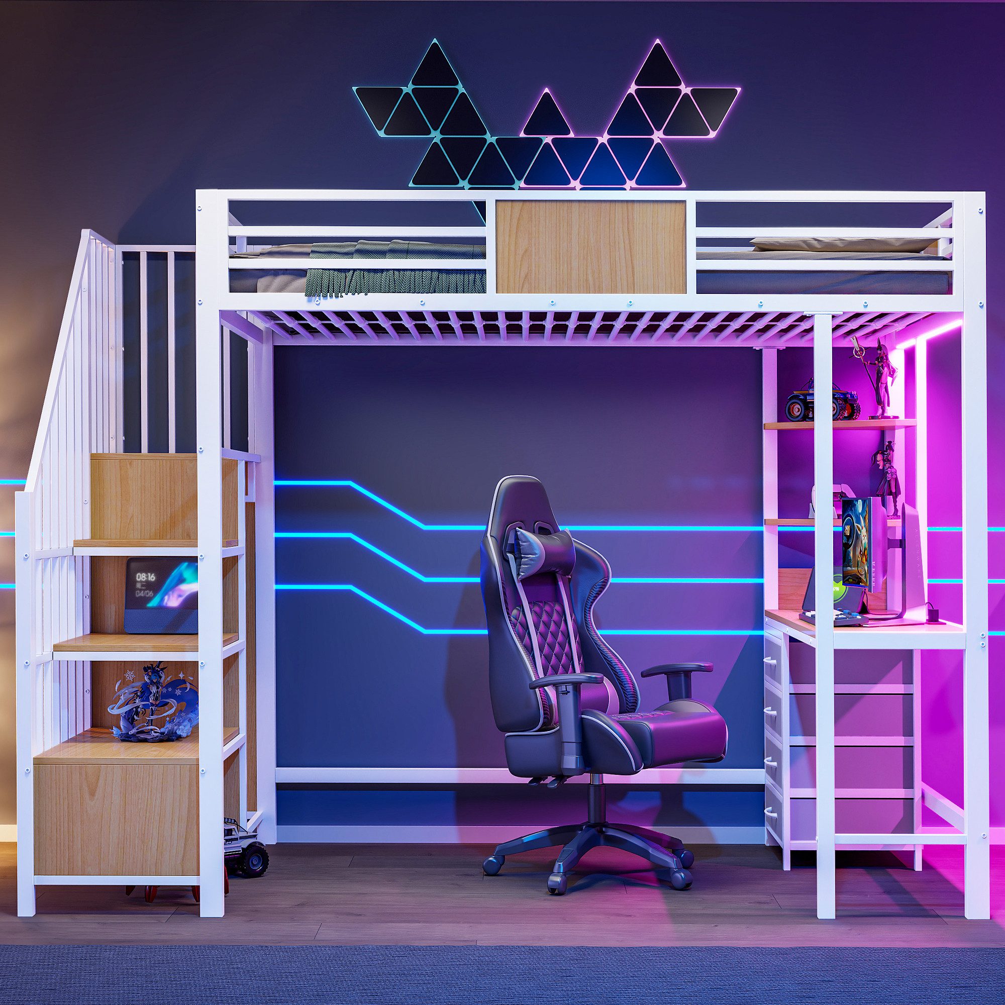 Flieks Hochbett Metallbett 90x200cm mit Schreibtisch Stauraumtreppe LED und Aufladen