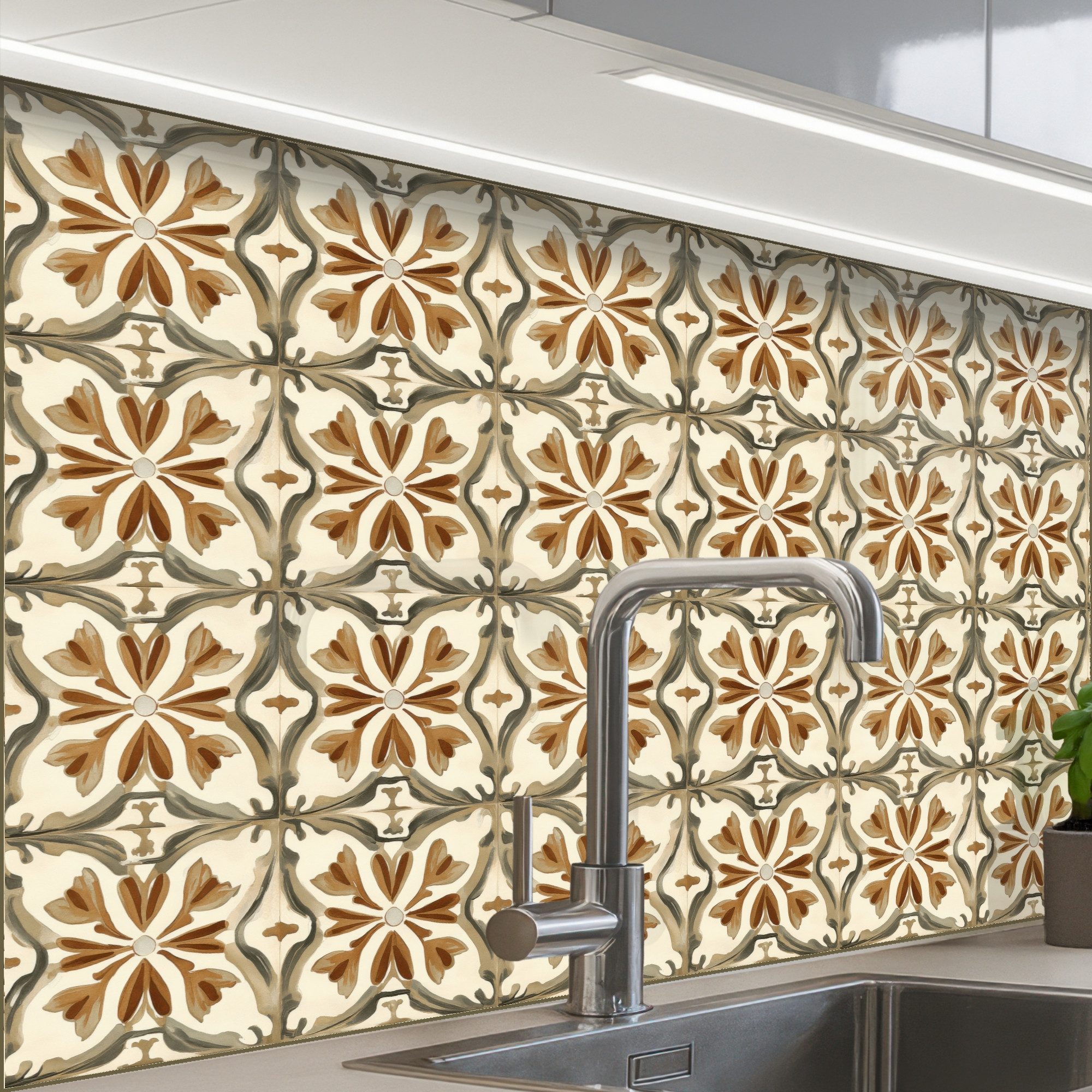 KitchenYeah Küchenrückwand Muster selbstklebend (keine Folie) Ornamentale Fliesen - Muster - Brau, (1-tlg), Spritzschutz, Küche, Rückwand, Küchenwand, Küchenfront, 30x20 cm