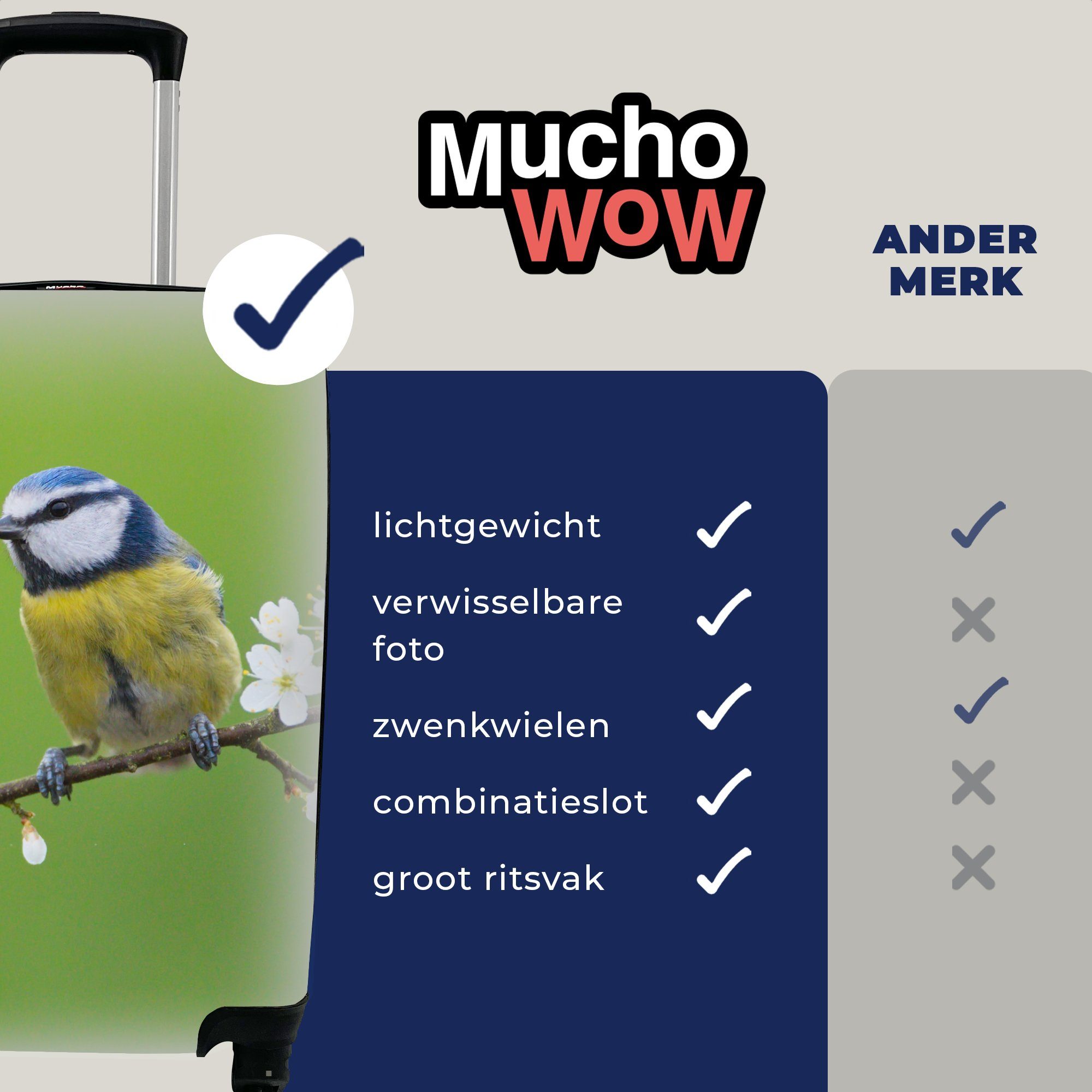 Reisekoffer rollen, Rollen, Blumen - - Blaumeise Ferien, für MuchoWow Blühende - Zweige Reisetasche Handgepäck 4 Vogel, - mit Zweig Trolley, Handgepäckkoffer