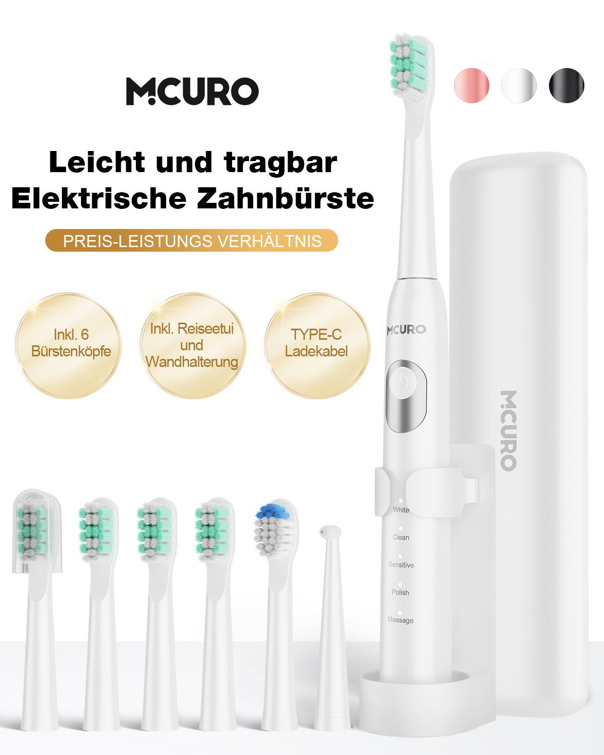 MCURO Elektrische Zahnbürste Schallzahnbürste für Zahnpflege 40000 VPM, 5 Putzmodi, Aufsteckbürsten: 6 St., Reise Зубные щетки,Timer,TYPE-C aufladbar