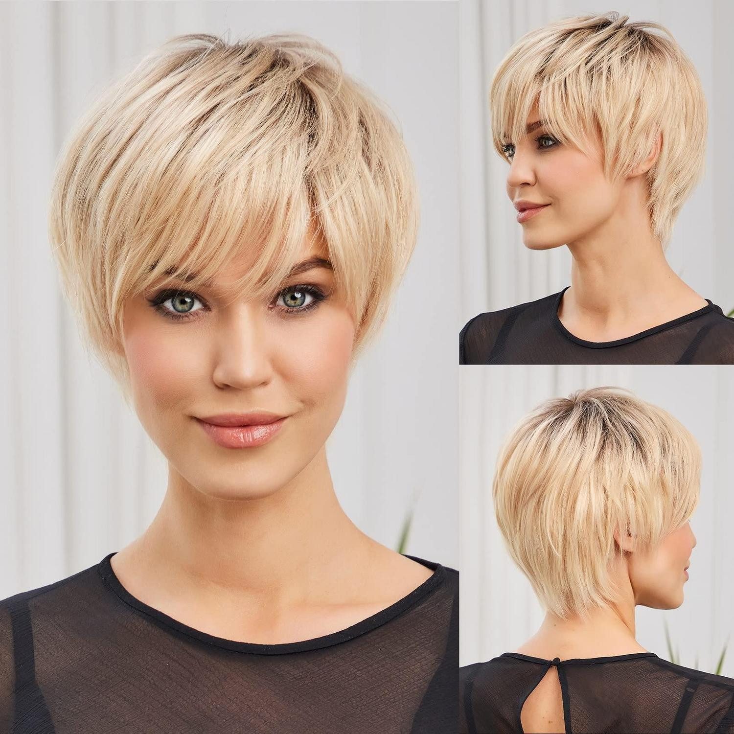 LuxusKollektion Echthaarperücke Echthaarperücke kurz Ombre Blond Pixie mit Pony ohne Kleber