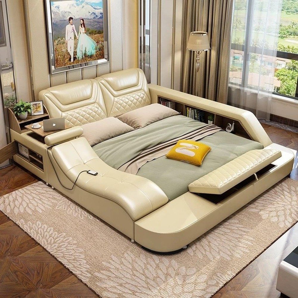 Xlmoebel Multimediabett Multifunktionales Bett mit Regal und USB-Ladestation (Multimediabett, Multifunktions Bett), Hergestellt in Europa
