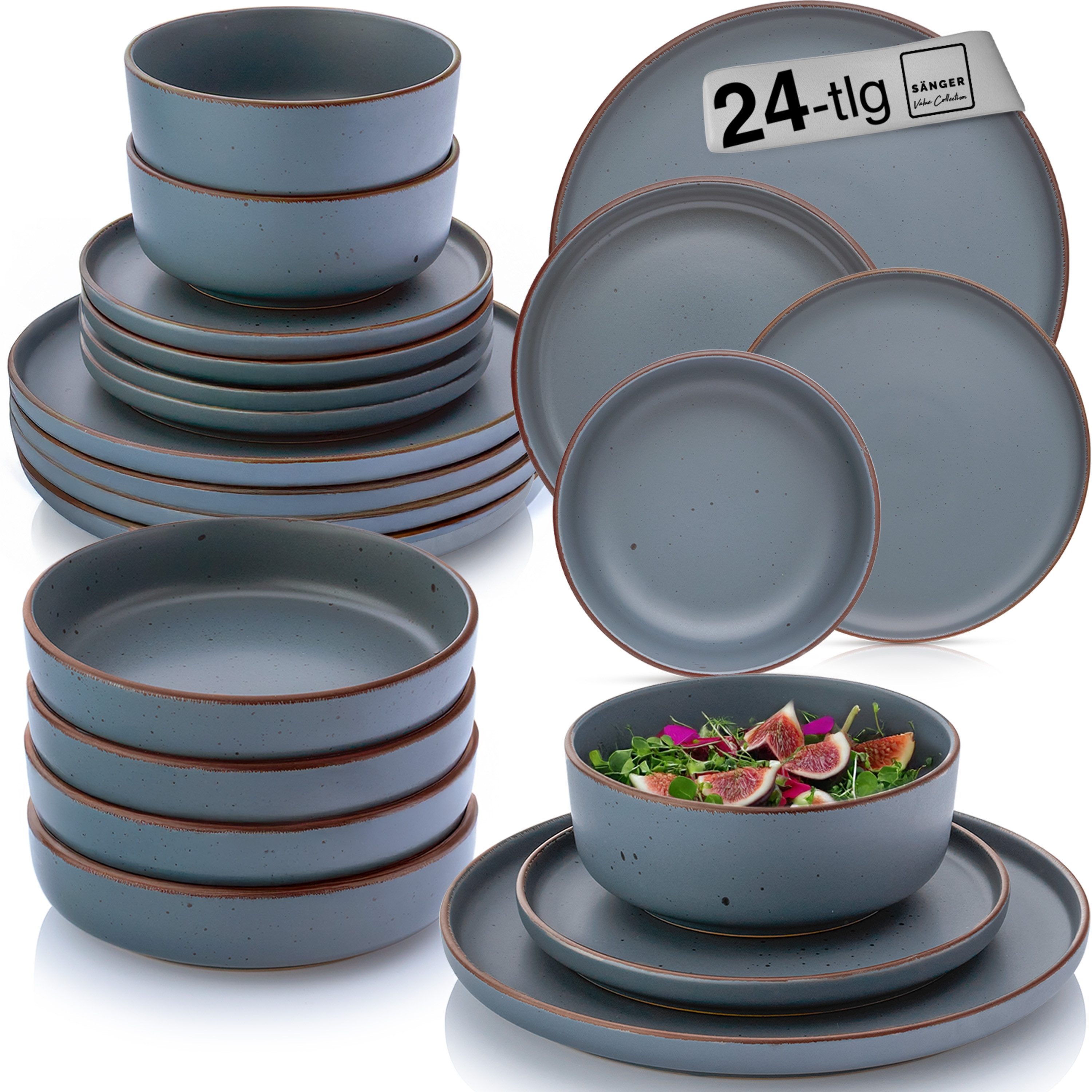 SÄNGER Geschirr-Set Bombay (24-tlg), 6 Personen, Steingut, Bombay Graphit, Handmade, Erweiterbar, VALUE COLLECTION