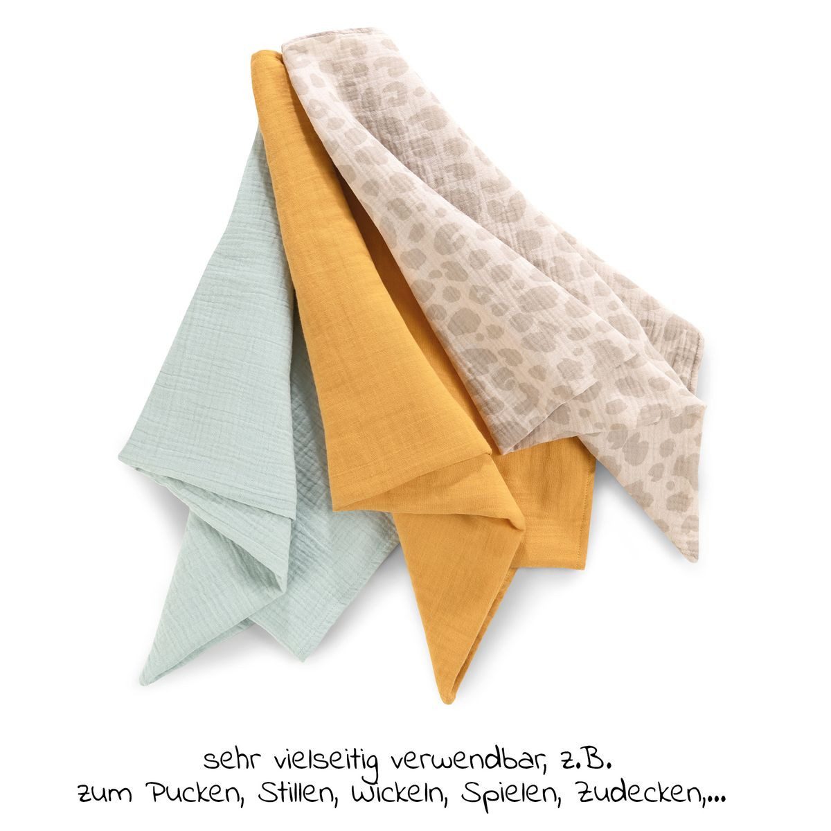 Hauck Stoffwindeln Cuddle N Clean - Honey / Mint / Leo Natural, Mullwindeln Mulltücher 3 Stück 80x80 cm Spucktücher maschinenwaschbar