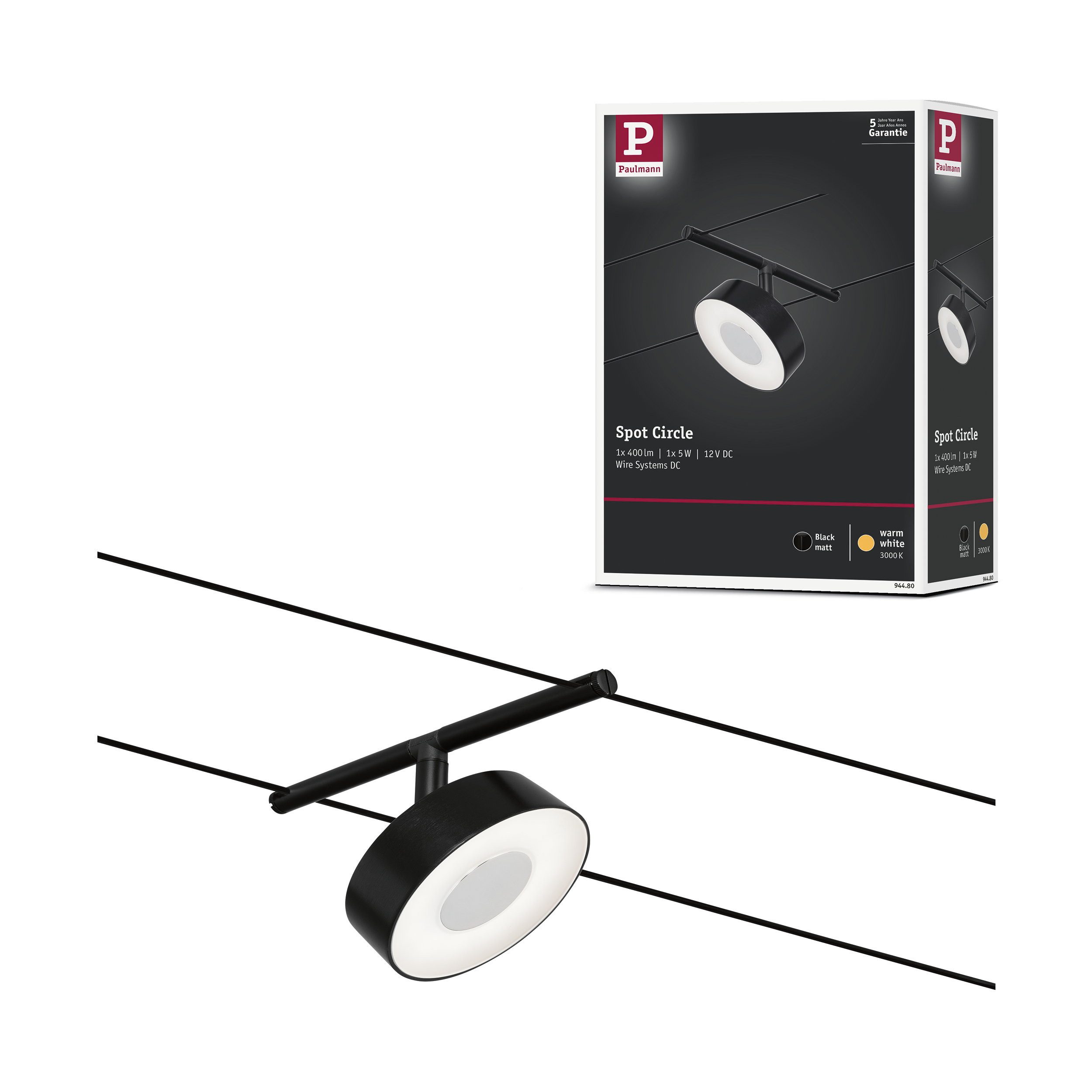 Paulmann LED Wandleuchte CorDuo LED Seilsystem Circle Einzelspot 180lm 5W 3000K 12V Schwarz mat
