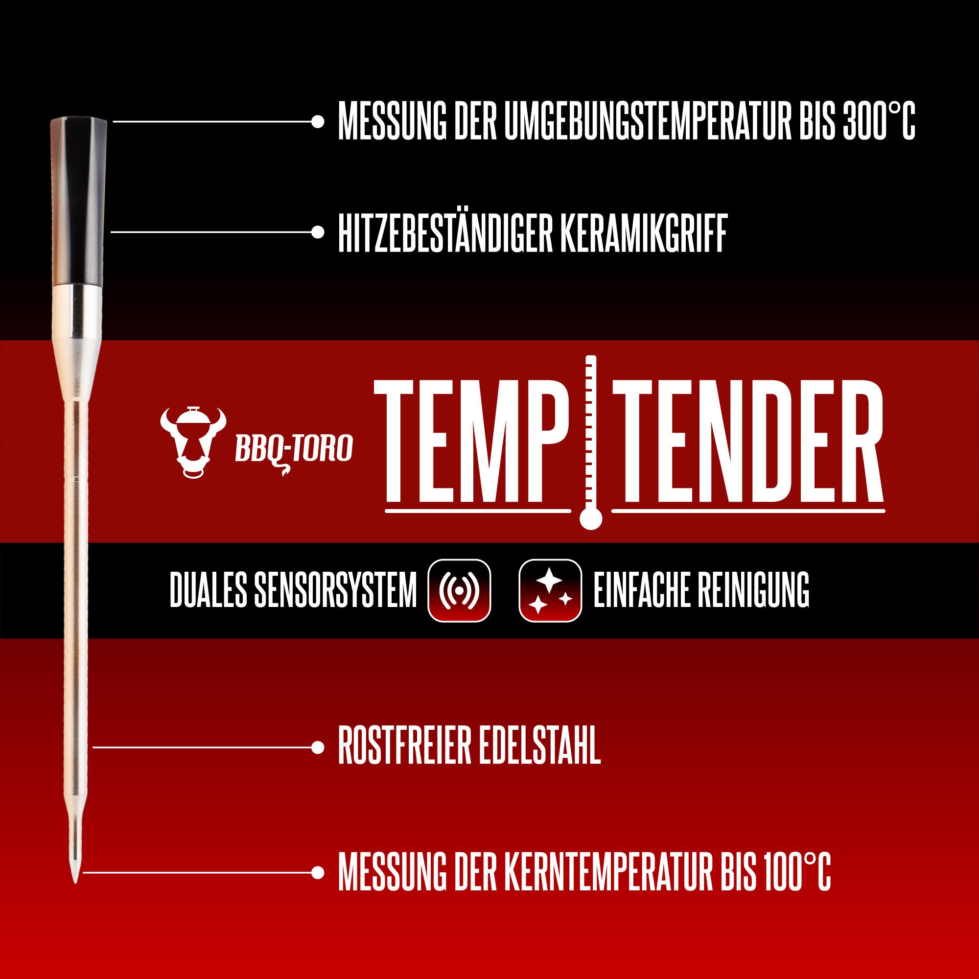 BBQ-Toro Grillthermometer TempTender, kabelloses Grillthermometer inkl. Ladebox mit App, 3-tlg.