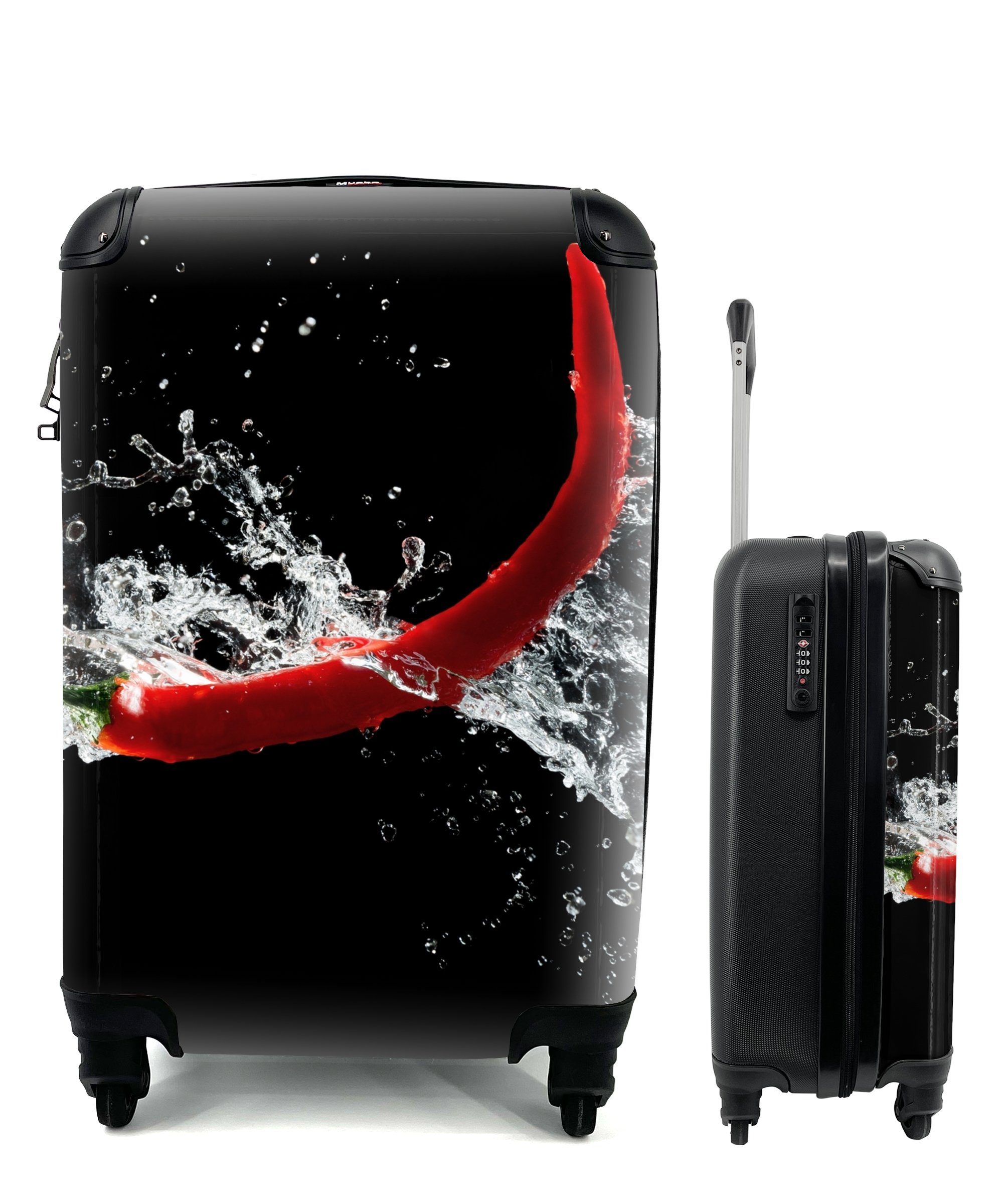 MuchoWow Handgepäckkoffer Chilischote - Stilleben - Wasser - Schwarz - Rot, 4 Rollen, Reisetasche mit rollen, Handgepäck für Ferien, Trolley, Reisekoffer