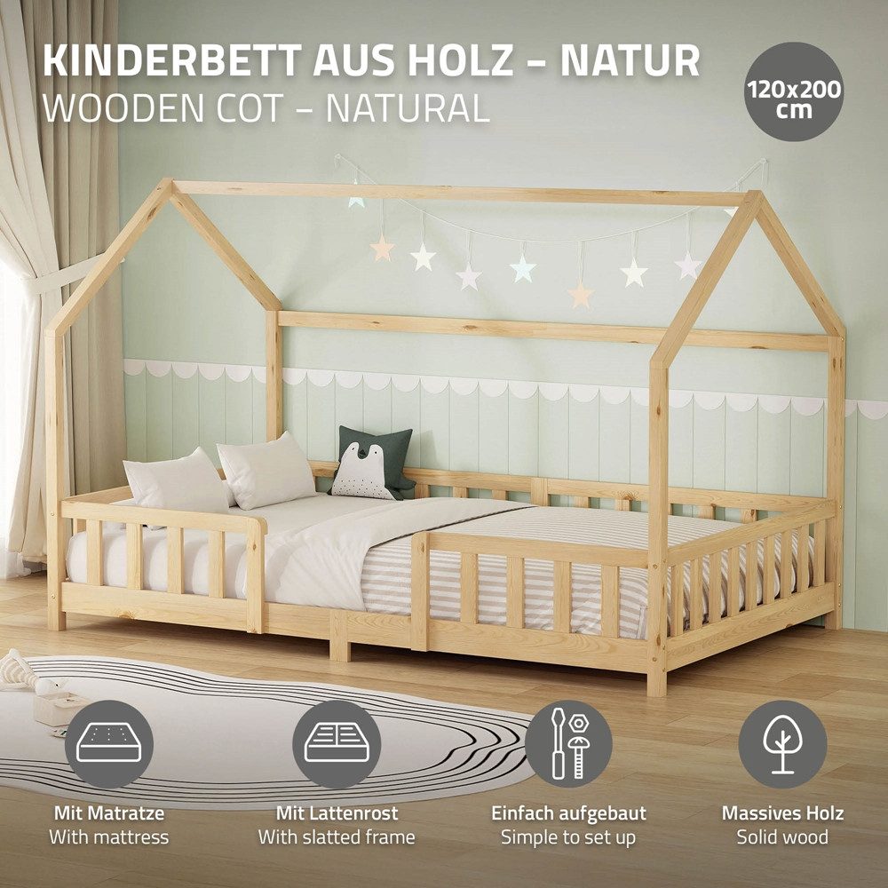ML-DESIGN Spielbett Hausbett Kinderbett inkl. Lattenrost kreativ Bodenbett für Kinder, Abenteuerbett mit Matratze H-16cm 120x200cm Holzbett Natur Bettgestell