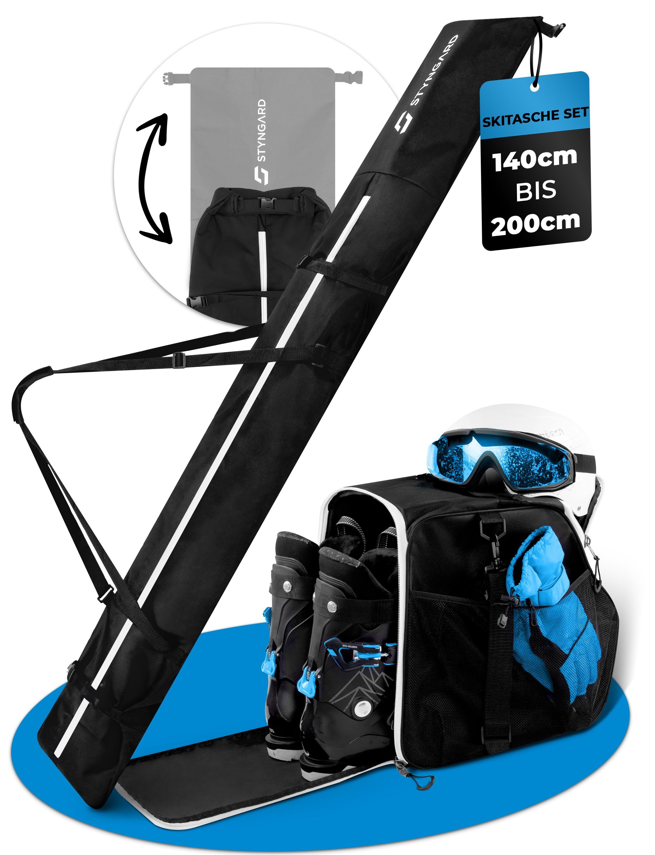 bis cm] Helmfach Styngard Vancouver (Set [40 Schwarz-Weiß [140 Skisack L) Skischuhtasche mit 200 Skitasche cm und