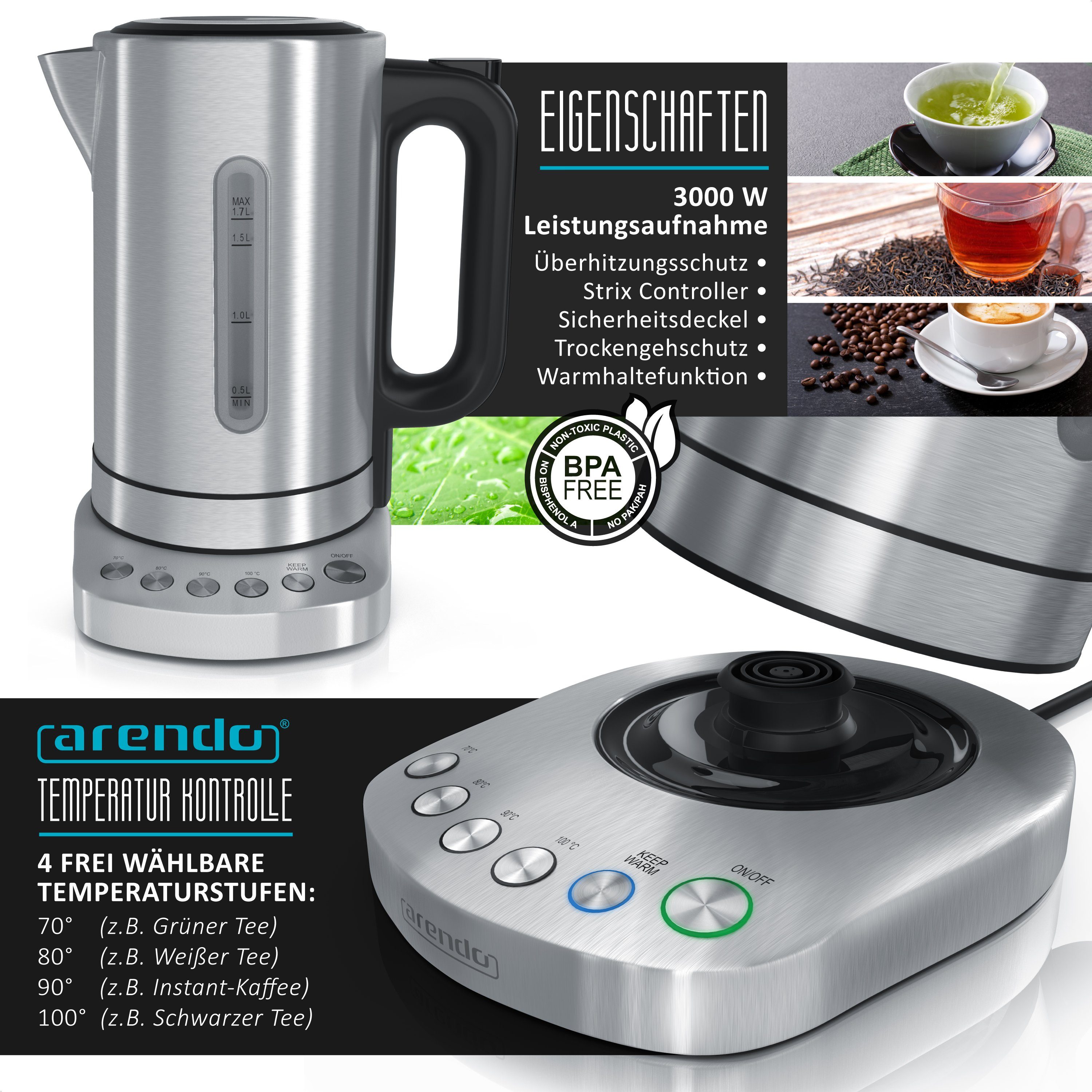 Arendo Frühstücks-Set Wasserkocher 1,7l mit Temperaturauswahl & Toaster, Edelstahl (2-tlg), BPA-frei, GS-geprüfte Sicherheit, perfekt fürs Familienfrühstück – Bild 2 von 5