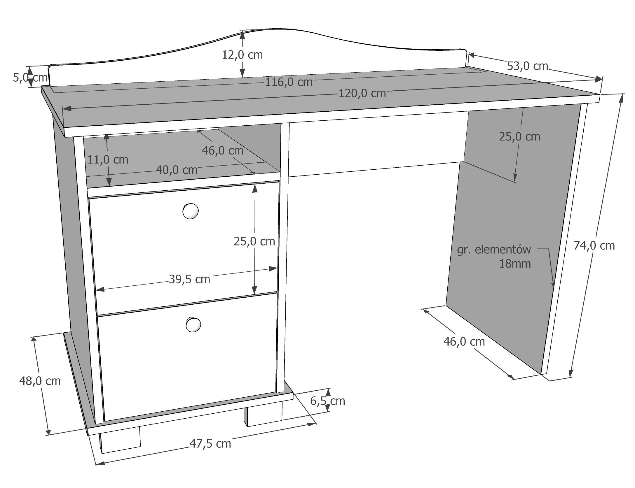 Kids Collective Schreibtisch Kinderschreibtisch mit Europe 74 cm Arbeitshöhe, zwei in und Made Schubladen Ablagefach in weiß