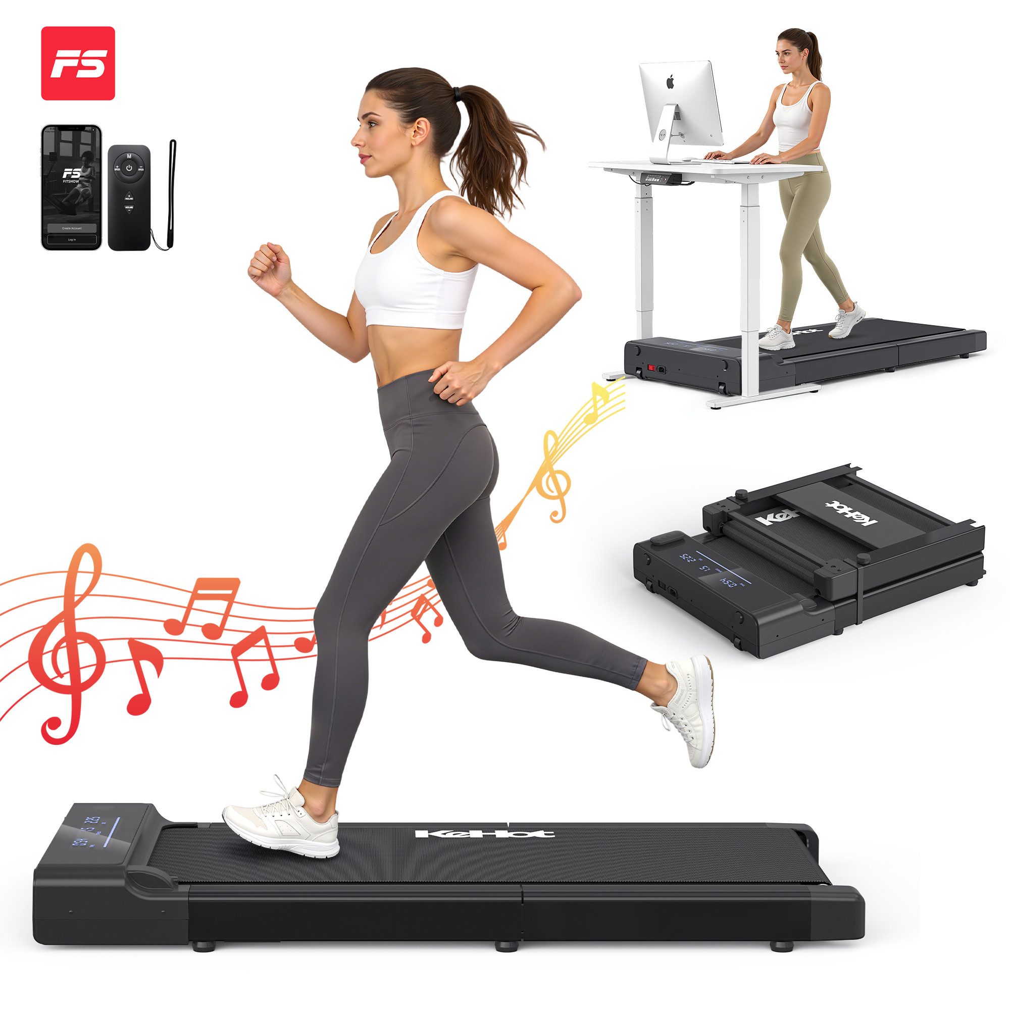 kehot Laufband Faltbares Laufband für Zuhause, Walking Pad 1–6 km/h (Kompaktes Design 12/16 cm hoch, ideal für Büro & Homeoffice, Bluetooth APP FITSHOW & Fernbedienung für smartes Training), Leiser DC-Motor, bis 100 kg belastbar, platzsparend klappbar