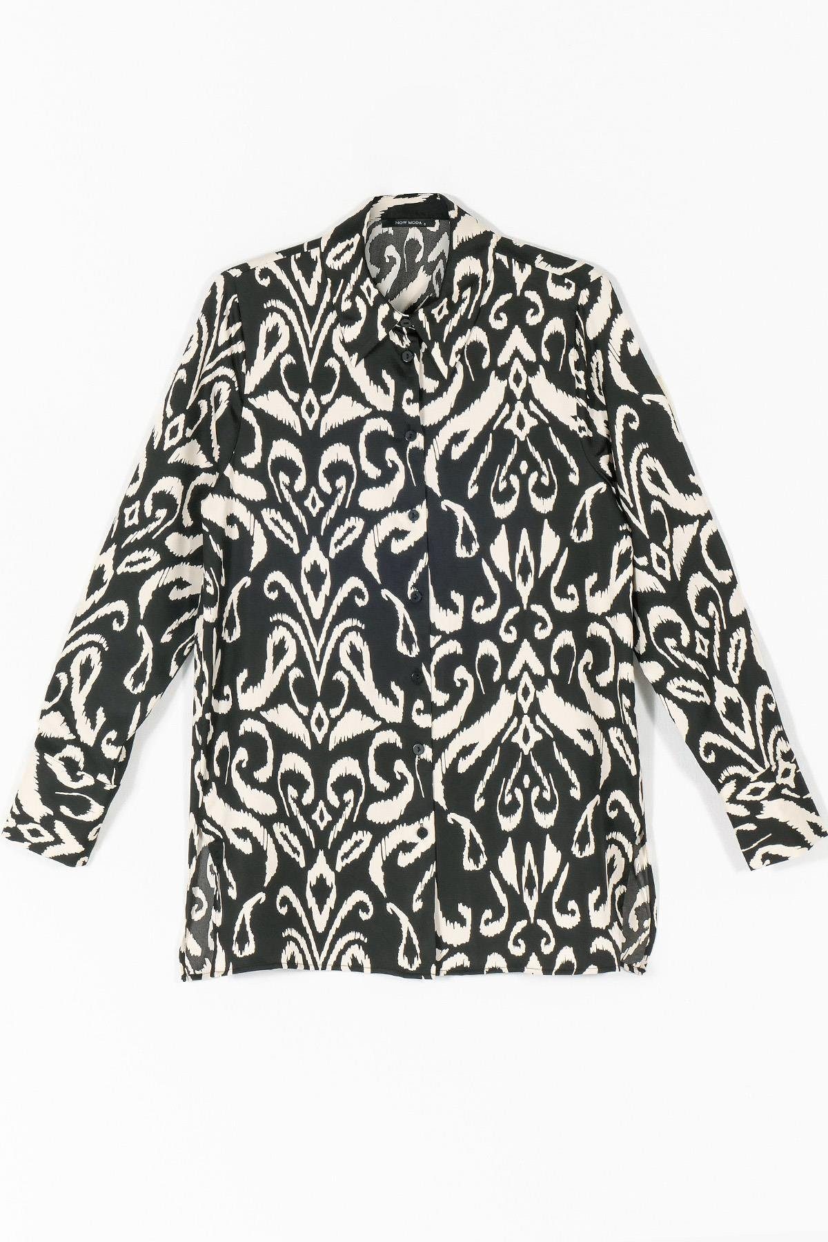 For You Moda Tunika Gemustertes Satin Langes Schwarzes Hemd