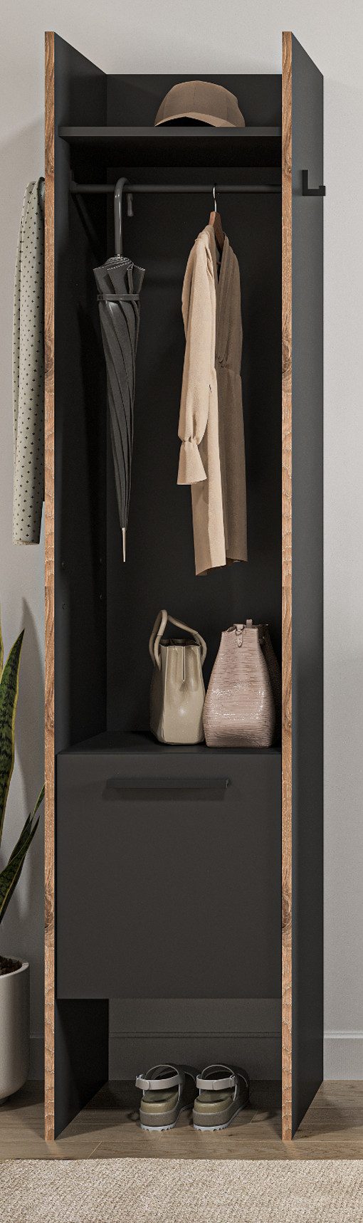 Inn.Furn Kompaktgarderobe Salud (Garderobe in Basalt Grau mit Eiche, 42 x 189 cm) mit Kleiderstange, Kleiderhaken und Staufach