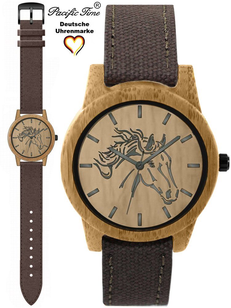 Pacific Pferd Armband, Canvas Time analog Gratis Damenuhr Quarzuhr braun Holz Versand