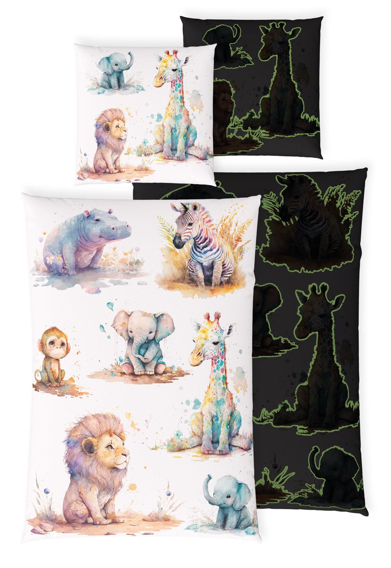 Carpe Sonno Kinderbettwäsche 135 x 200 Jungen Mädchen Leuchtende Bettwäsche Kinder Tiere Baumwolle, Renforcé, 2 teilig, GLOW IN THE DARK Bettbezug 135x200 - Löwe, Elefant, Giraffe