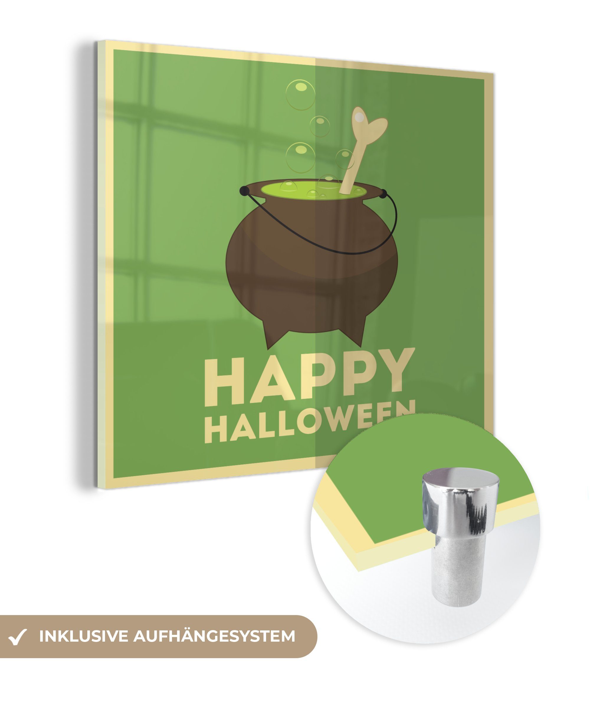 Glasbilder - MuchoWow mit grünem, (1 Glas Acrylglasbild Halloween" Glas auf Wanddekoration - Wandbild und auf - einem Foto Bilder Happy Knochen auf St), Hexenkessel