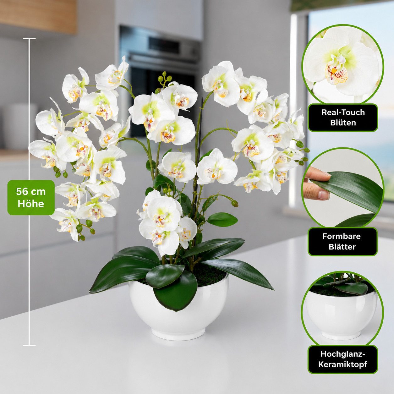 Kunstorchidee PASCH® XXL Orchidee künstlich wie echt (56cm) in Hochglanz-Keramiktopf Orchidee, PASCH