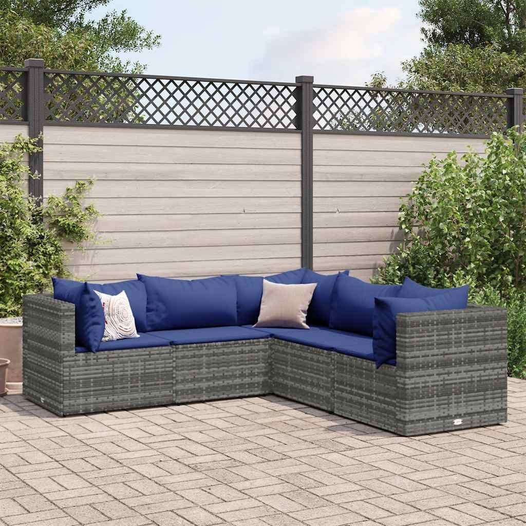 vidaXL Gartenlounge-Set 5-tlg. Garten-Lounge-Set mit Kissen Grau Poly Rattan, (1-tlg)