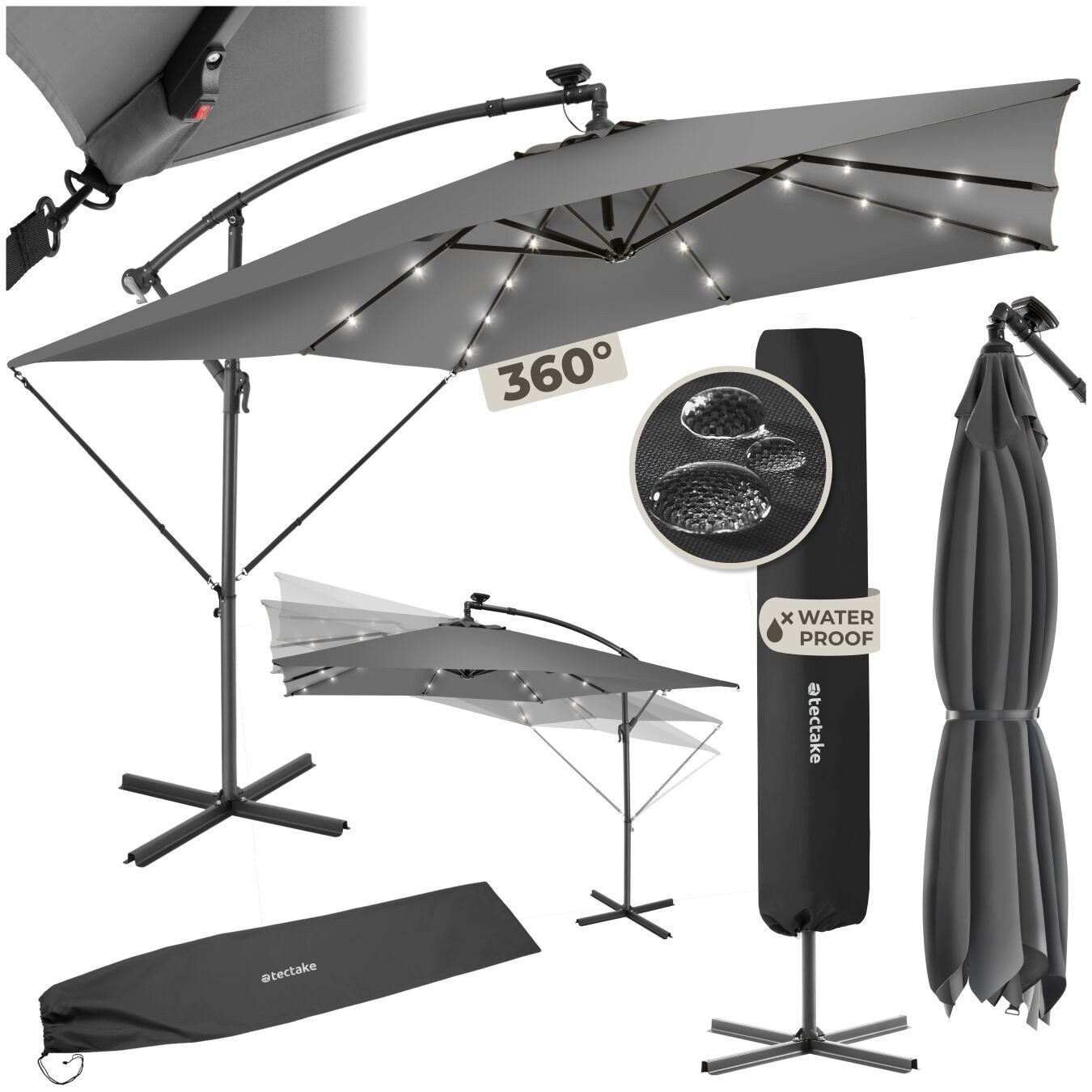 tectake Ampelschirm Sonnenschirm mit LED Solar-Beleuchtung und Winddach, 250 x 250 cm, Balkonschirm Sunna, für Außen in Hellgrau, neigbar, wasserabweisend, inkl. Windsicherung und Schutzhülle