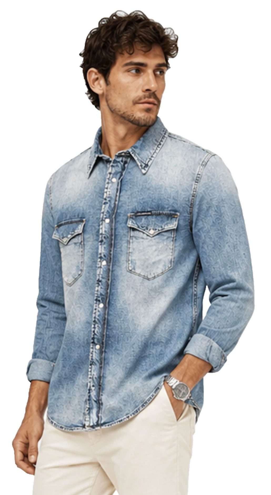 Klein Jeanshemd Calvin Jeanshemd Denim Hemd Jacke Used Wash Slim Fit Hochwertiger Denim mit authentischer Used-Waschung