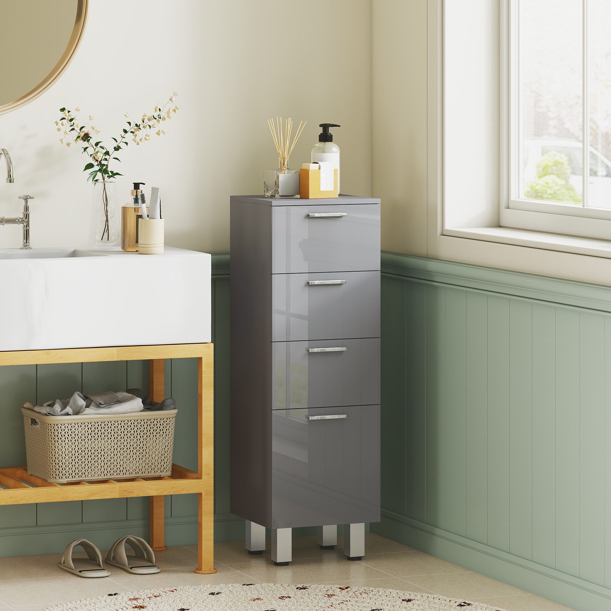 Kleankin Badkommode Nischenschrank schmal Toilettenschrank Badschrank für Badezimmer (Badezimmer-Aufbewahrungsschrank, 1 St., mit Schublade, verstellbare Füße), 30 x 30 x 93 cm, Grau