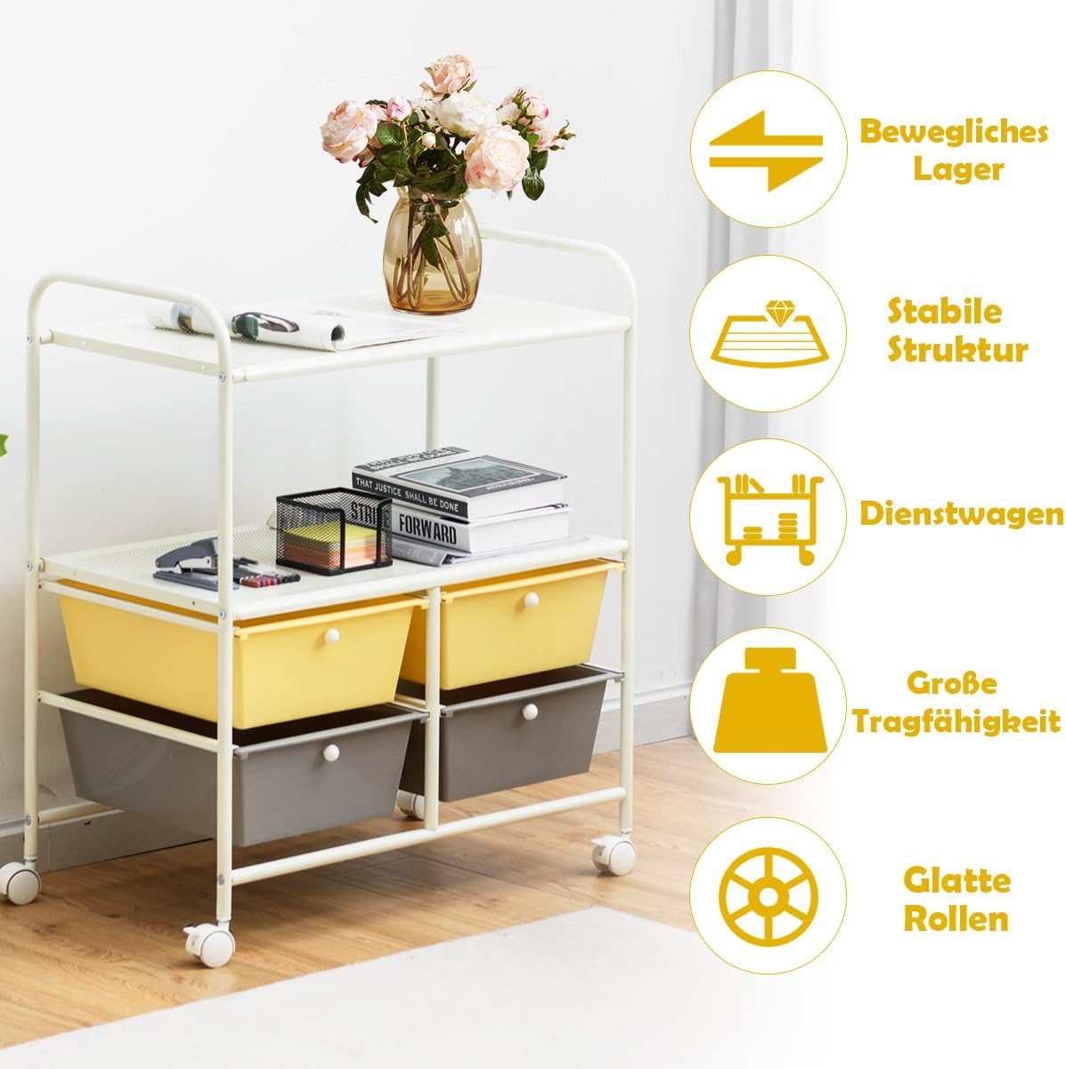 KOMFOTTEU Rollwagen Rollregal, mit 4 Schubladen & Rädern, 63x37x73,5cm