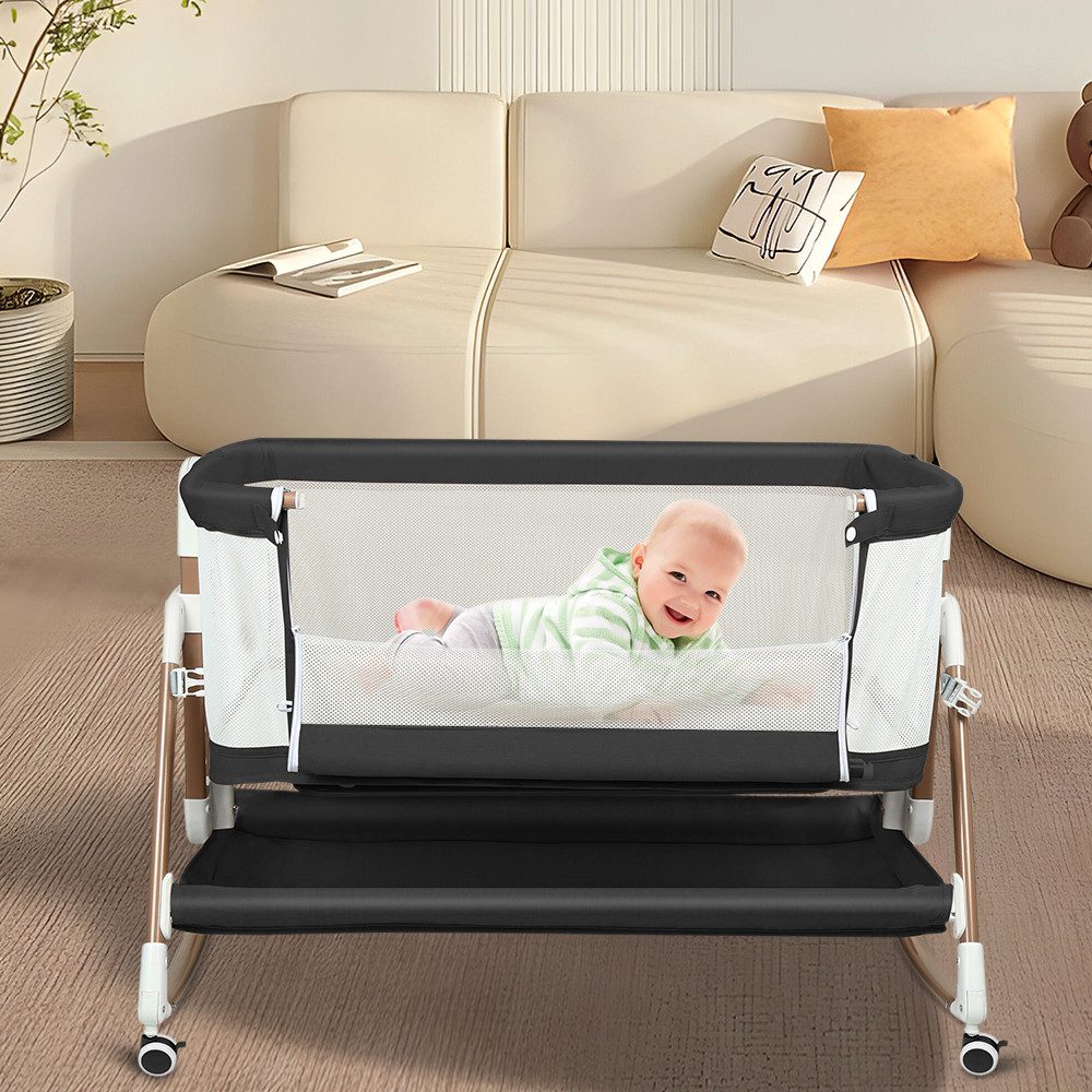 JEOBEST Beistellbett 3 in 1 Beistellbett Stubenwagen Babybett Baby-Reisebett, 6-stufige Höhenverstellung, mit Rollen, Matratze und Moskitonetz