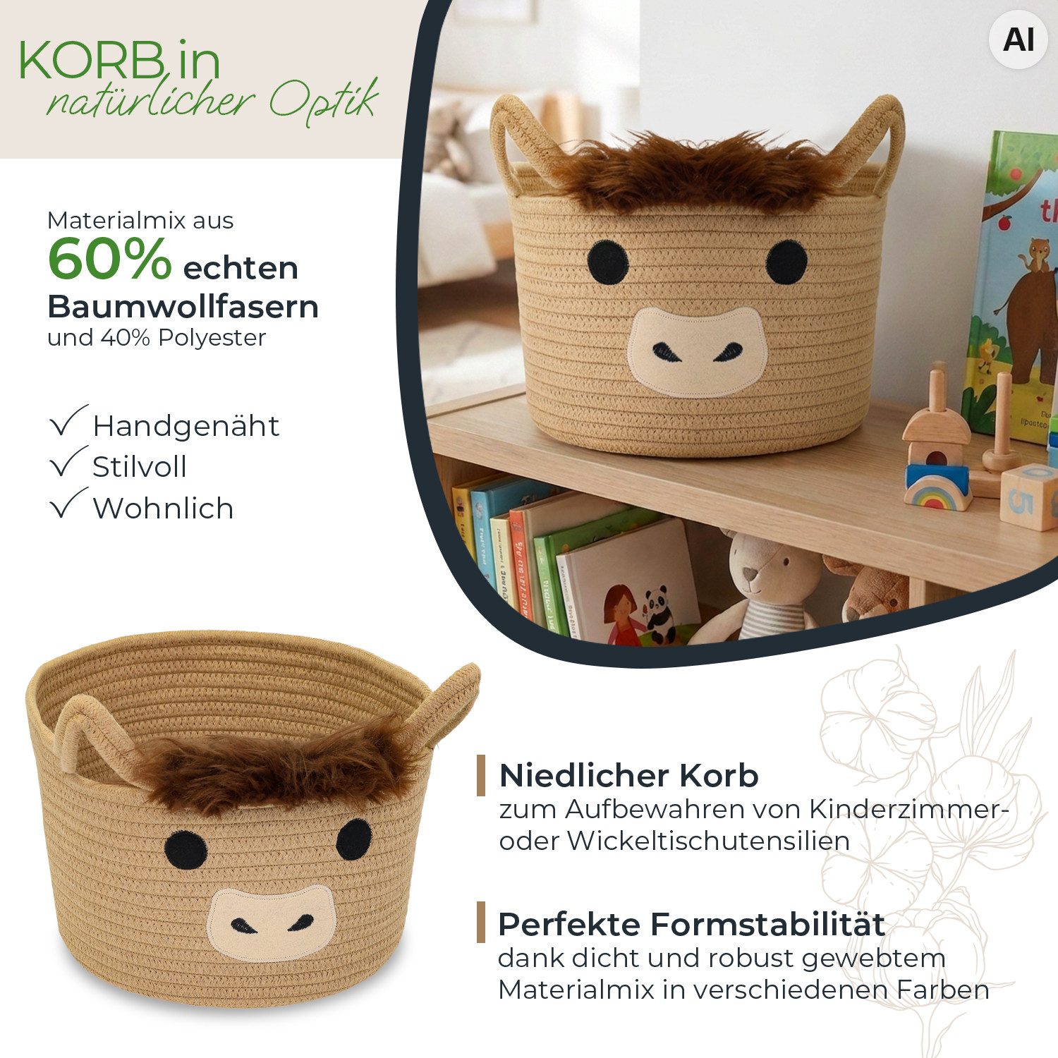 HMF Aufbewahrungskorb Aufbewahrungskorb mit verlängerten Griffen, runder Korb, für Kinderzimmer oder Babyzimmer, Highlander Kuh, 30 x 24 cm, Braun – Bild 2 von 5