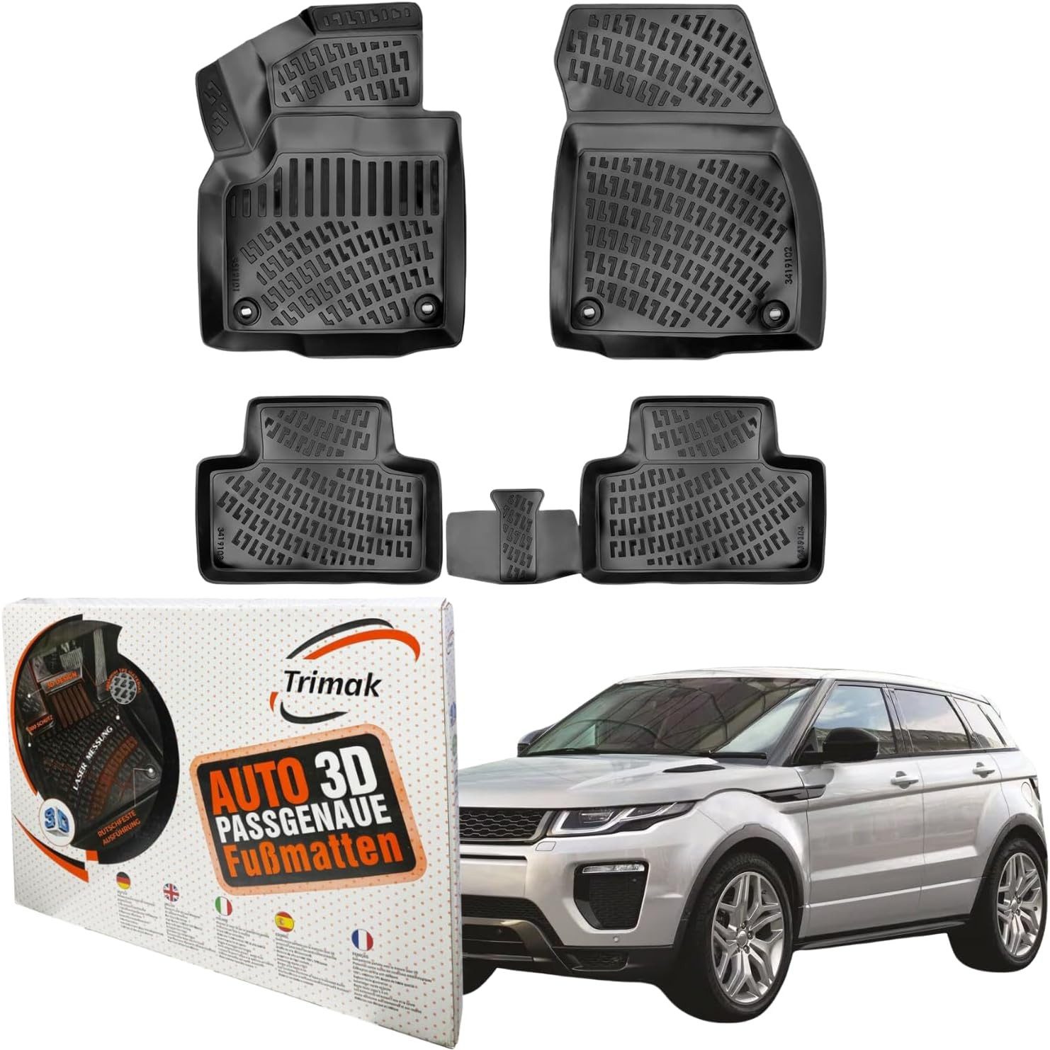 Trimak Passform-Fußmatten Oder Kofferraumwanne Oder Set kompatibel mit Range Rover Evoque, Range Rover Evoque 1. Gen. L538 2011-2018 Gummimatten Auto TPE