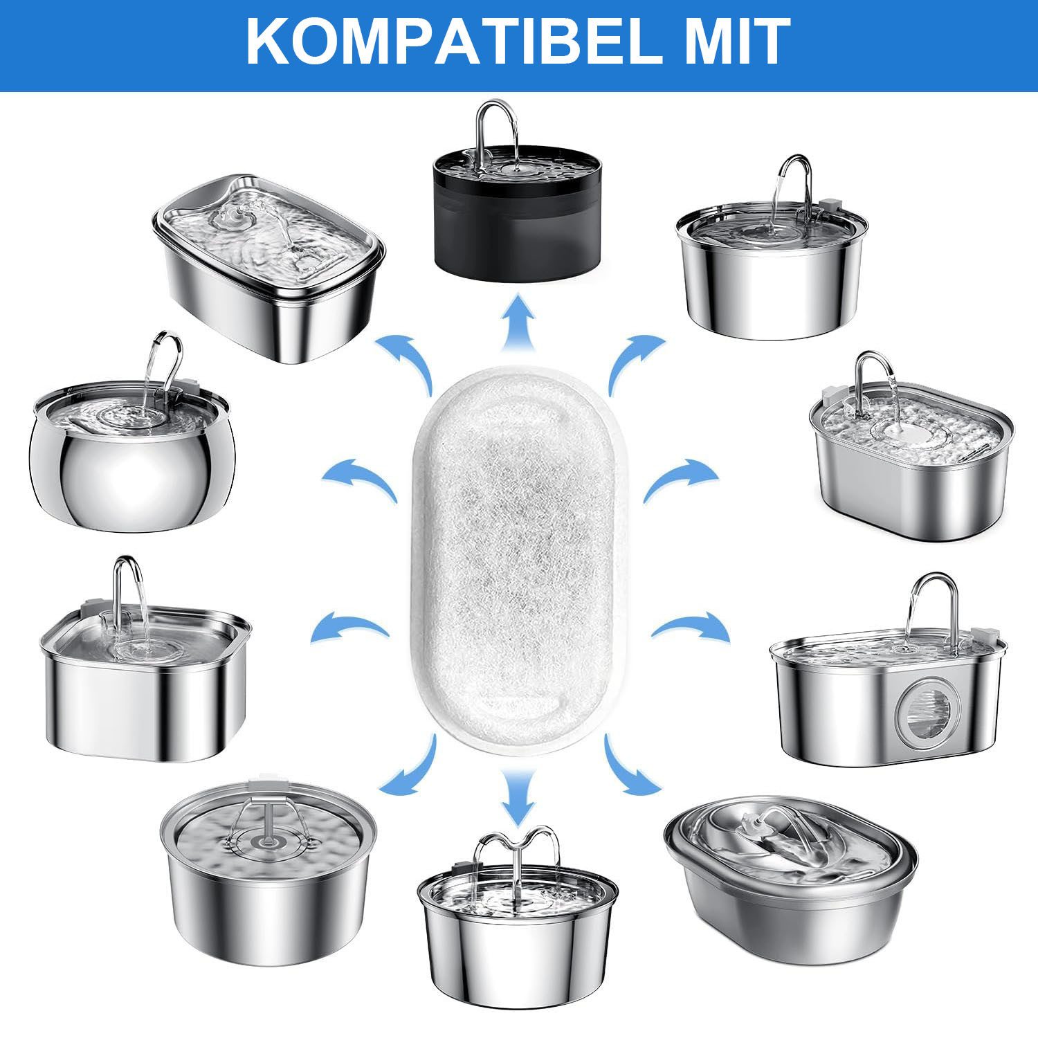 SURFOU Trinkbrunnen Katzenbrunnen Filter, 8 Stück Ersatzfilter Für Trinkbrunnen, für 2L/3.2L/4L Edelstahl Trinkbrunnen Für Katzen Und Hunde