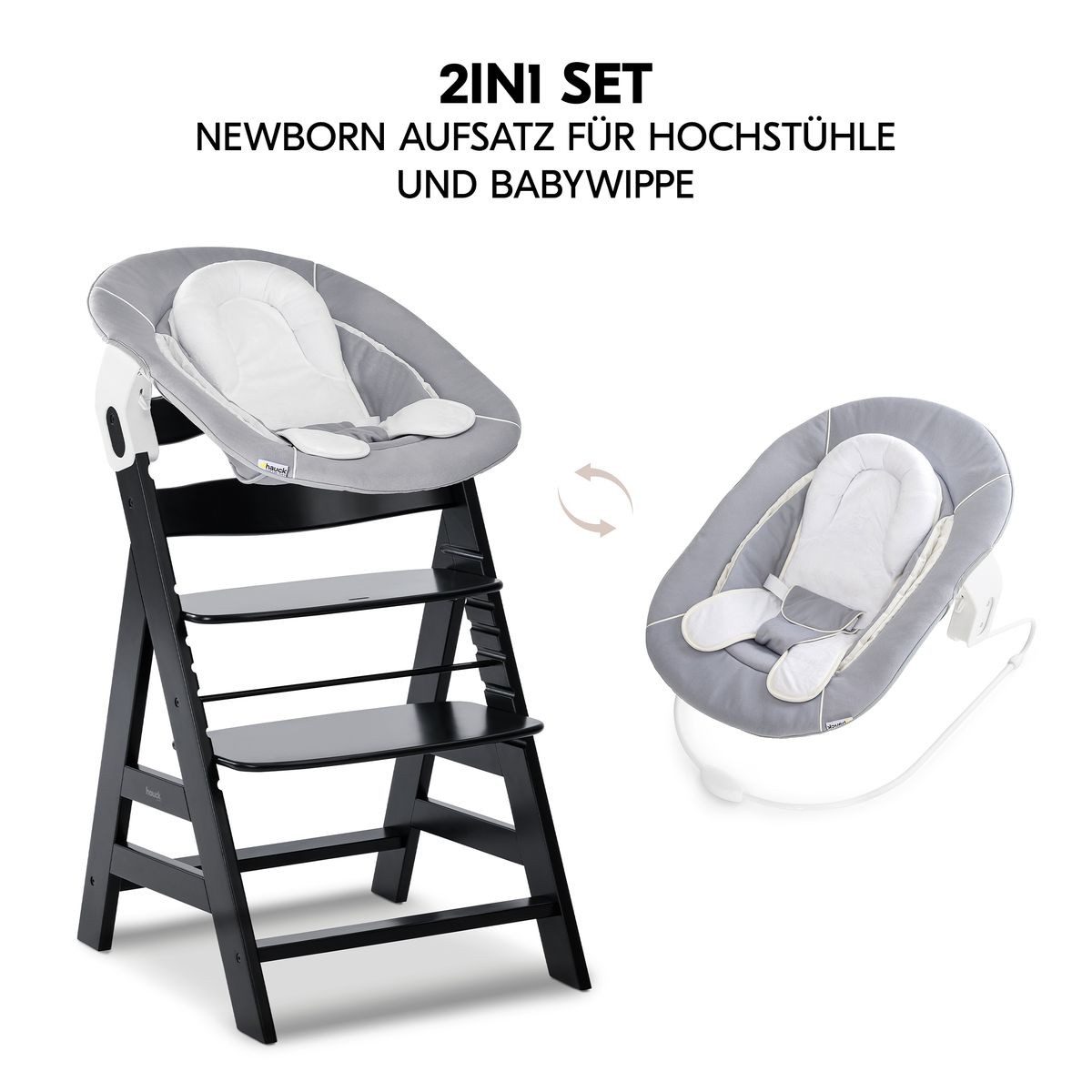 Hauck Hochstuhl Alpha Plus Black Newborn Set - Stretch Grey (Set), Holz Babystuhl ab Geburt inkl. Aufsatz für Neugeborene & Sitzauflage