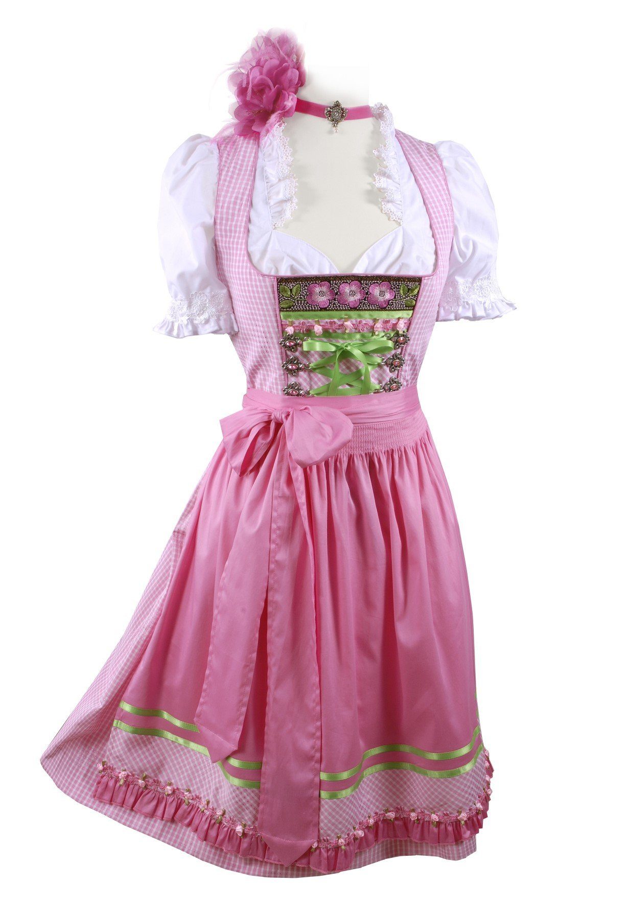 Moschen-Bayern Dirndl Mini-Dirndl kurz Damen - Dirndl Mini Rosa Trachtenkleid Oktoberfest Wiesn-Dirndl 60 cm (Dirndl mit Schürze (ohne Bluse) kurz, kariert, Mini, Blumen, Trachtenkleid, Stickerei, Dirndl