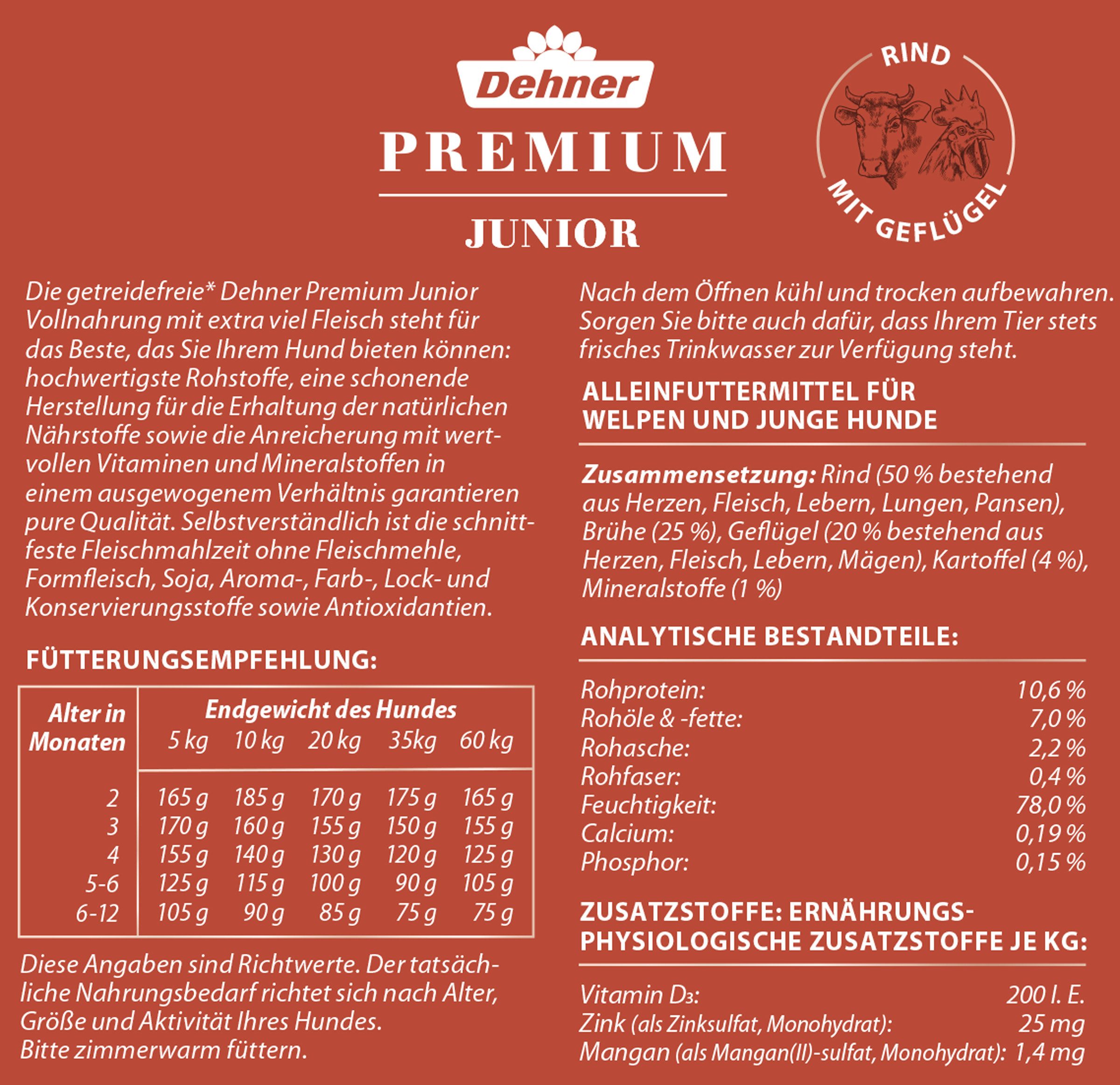 Dehner Premium Junior Rind / Geflügel / Kartoffel, 6 x 800 g Dose (4.8 kg) Geflügel, Nassfutter für: Hunde, Nassfutter für Welpen und junge Hunde, getreidefrei