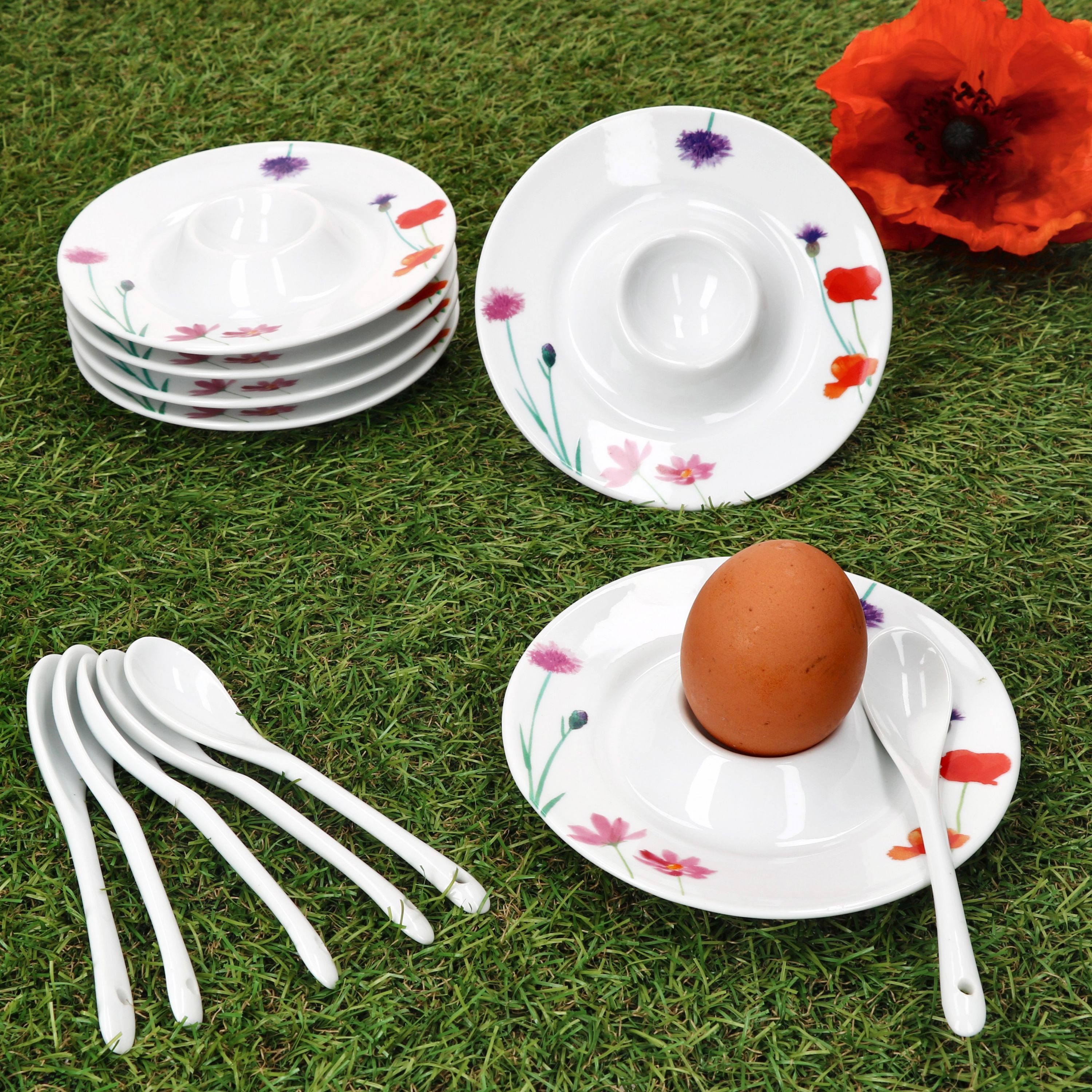 MamboCat Eierbecher 6x Marie Eierbecher mit Ablage weiß Blumen bunt Porzellan 6 Personen