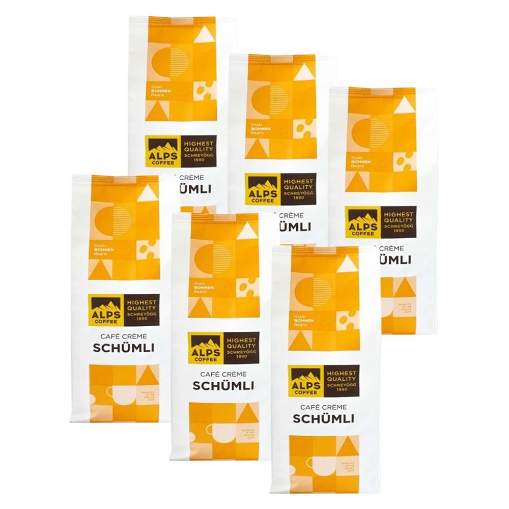Alps Coffee Kaffee Café Crème Schümli Bohnen 6x 1kg Kaffeebohnen, 6 x 1000 g, helle, feine Crema