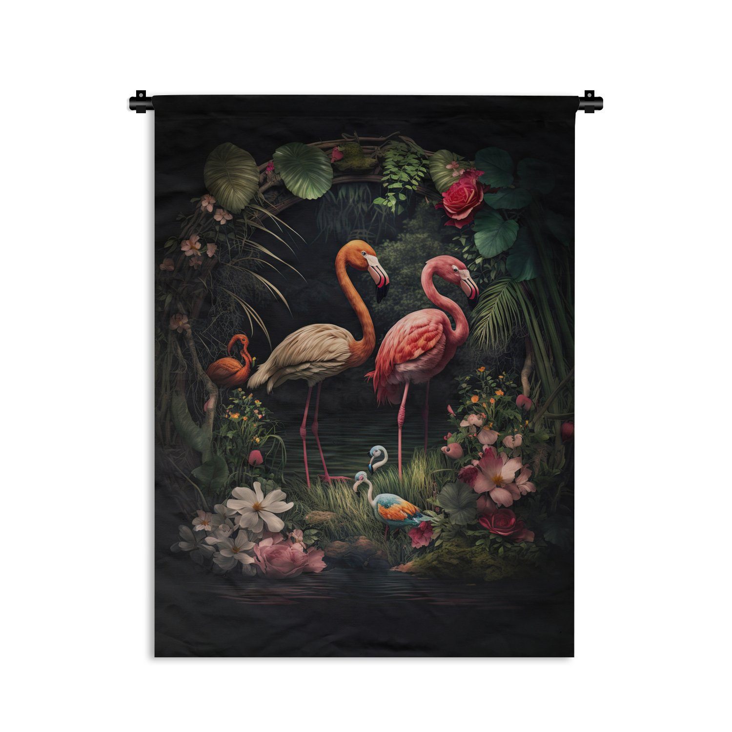 MuchoWow Wanddekoobjekt Flamingo - Blumen - der Wand, - Pflanzen Rosa, - Schlafzimmer Dschungel Tapisserie, Deko Wohnzimmer, für an