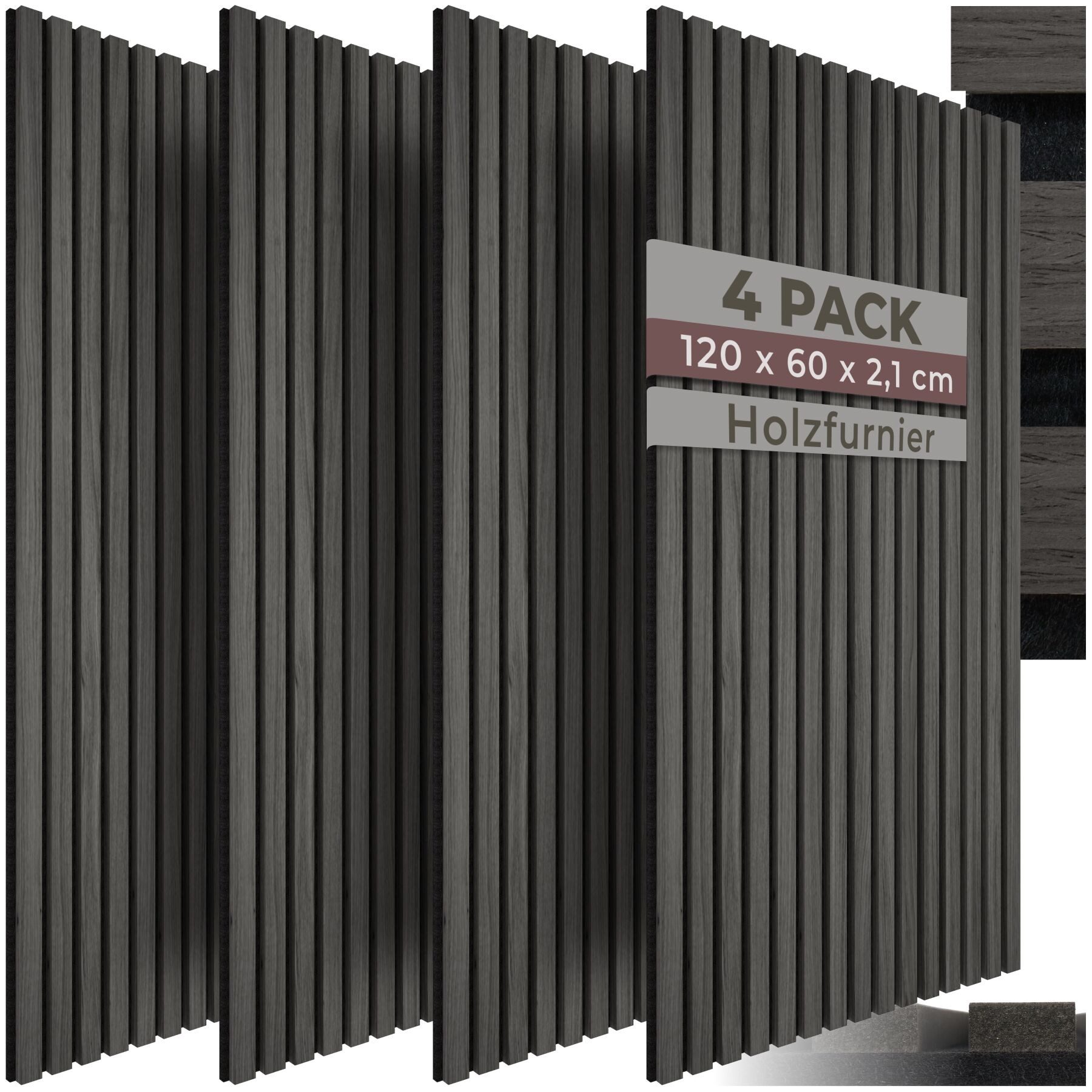 tectake Wandpaneel Akustikpaneele aus MDF und Echtholzfurnier - Eiche schwarz, BxL: 60x120 cm, 0.72 qm, (Holzpaneele Sonic Wall, 4-tlg., Größe flexibel anpassbar) schallabsorbierender Filz, einfache Montage mit Kleber oder Schrauben